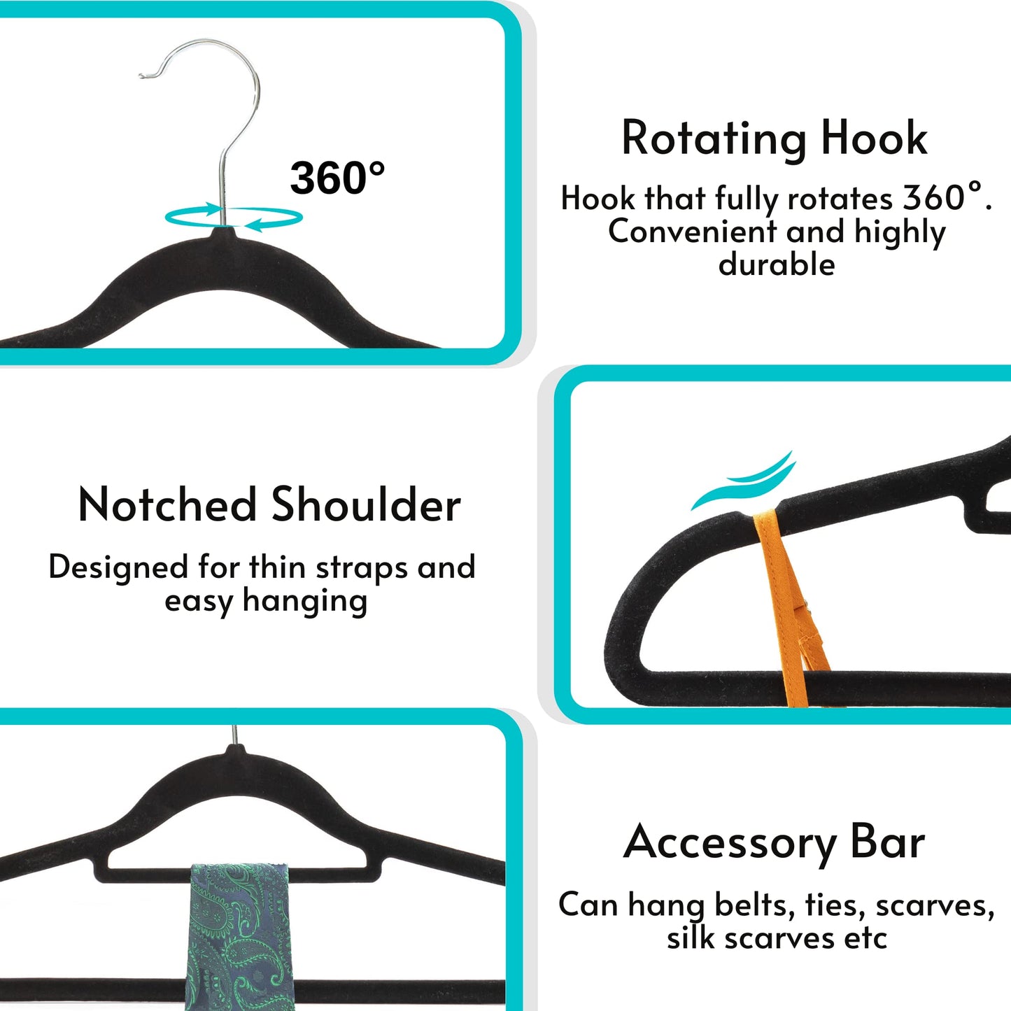 20 Non Slip Velvet Hangers | Heavy Duty Black Felt Coat Hangers |360 Degree Swivel Hooks |Premium Space Saving Design 20