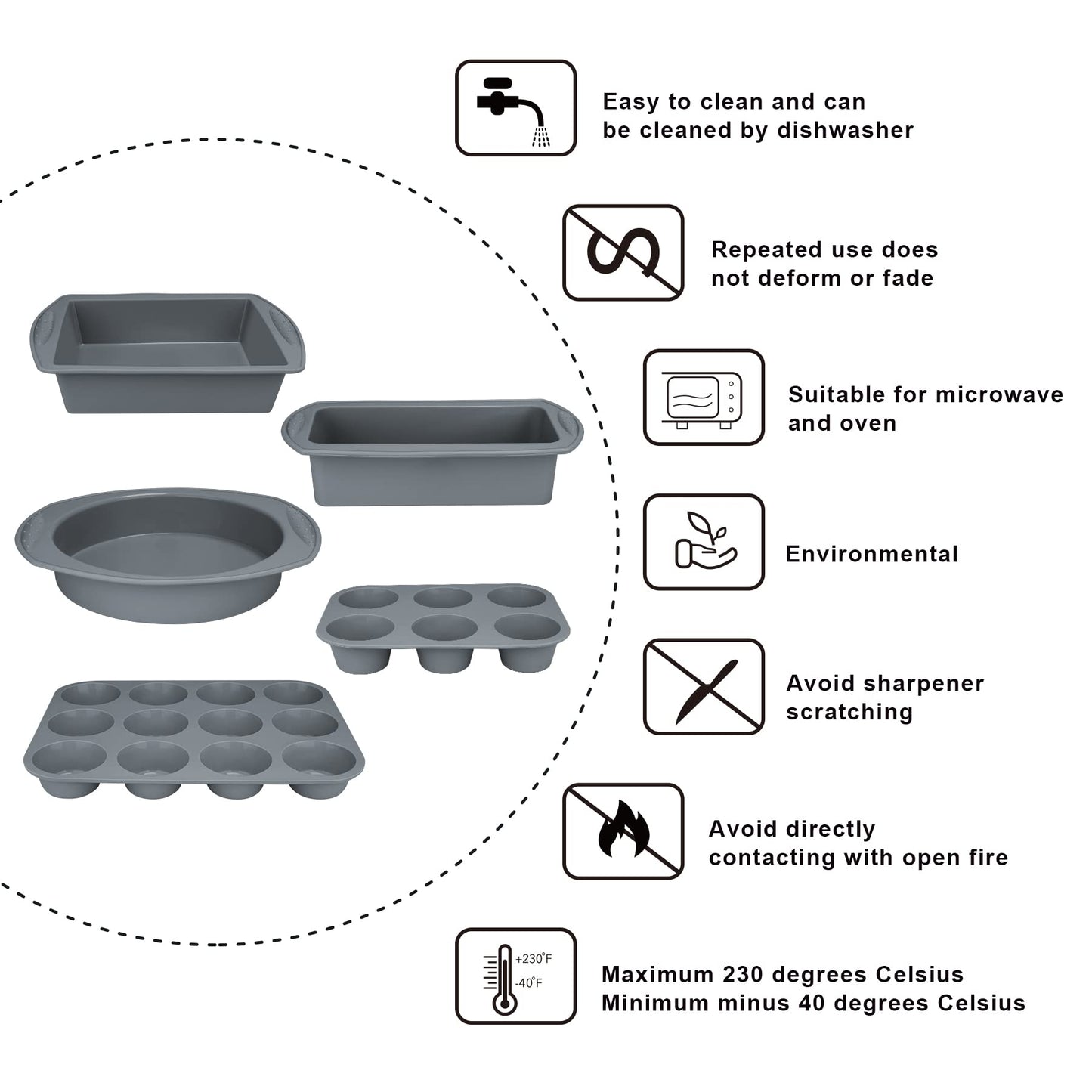 Aschef Economical 7in1 Nonstick Silicone Baking Cake Pan Tin Tray Sheet Mould Set for Oven, BPA Free Heat Resistant Bakeware Supplies Mold Tools Kit for Pancake Cupcake Bread Loaf Muffin Utensil Grey 7in1