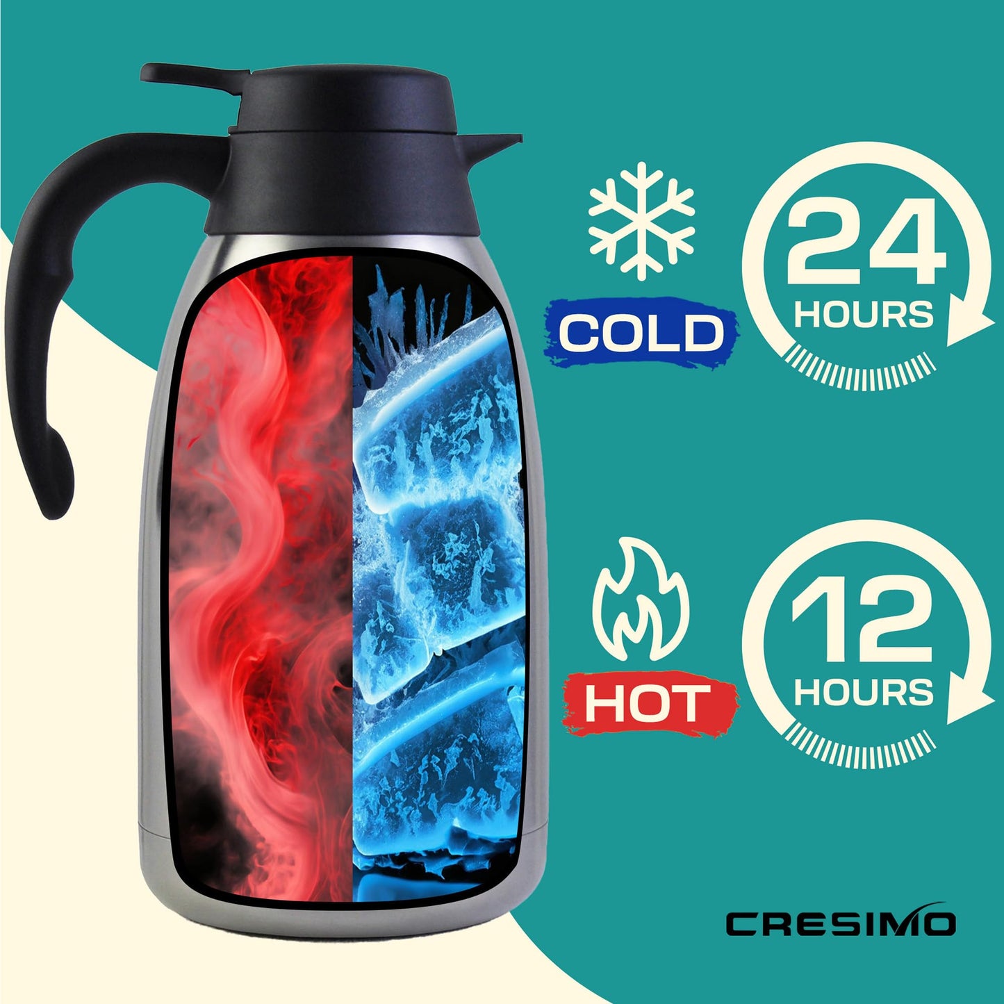 2L Thermal Flask Coffee Carafe - 24 Hour Heat Retention - Double Walled Vacuum Jug | Insulated Vacuum Flask Carafe | Coffee & Tea Dispenser | Stainless Steel Coffee Urns & Milk Carafe - Cresimo Silver