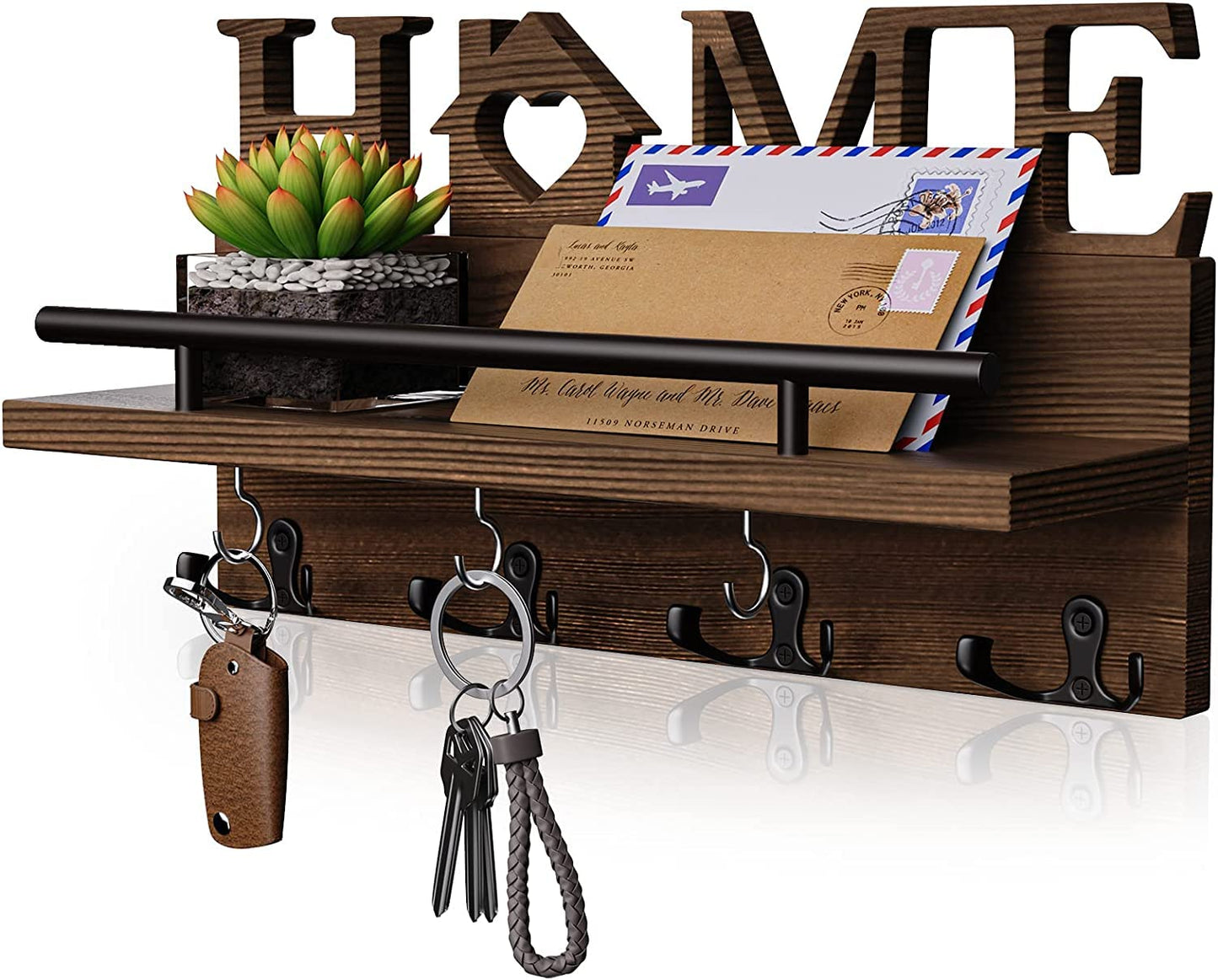 SWTYMIKI Key Holder for Wall Decorative with Unique Home Design + 7 Key Hooks, Wall Mounted Wooden Key Rack Mail Holder for Hallway, Entryway, Mudroom, Office, Brown Brown With Home