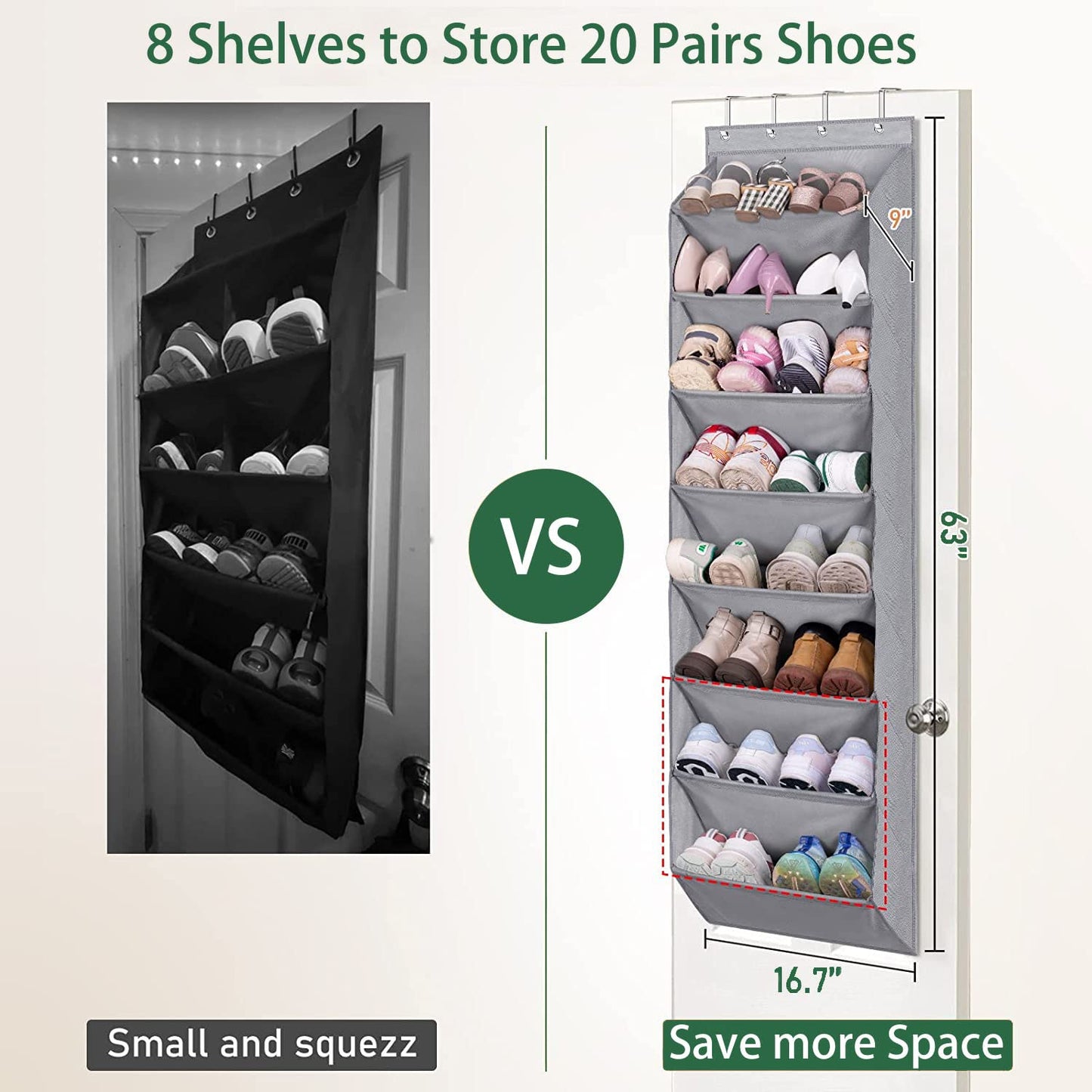 MISSLO 8 Shelves Hanging Shoe Rack, Over Door Shoe Storage with Deep Pockets Organizer fits 20 Pairs, Closet Shoe Holder Organiser for Narrow Door, Grey 8 Shelf