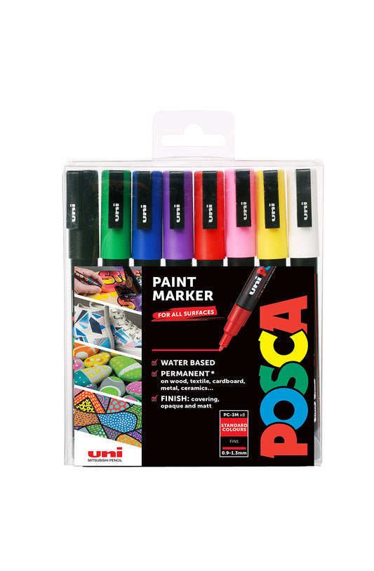 POSCA PC-3M Water Based Permanent Marker Paint Pens. Fine Tip for Art & Crafts. Multi Surface Use On Wood Metal Paper Canvas Cardboard Glass Fabric Ceramic Rock Stone Pebble Porcelain. Set of 8 8 Fine Tip Starter