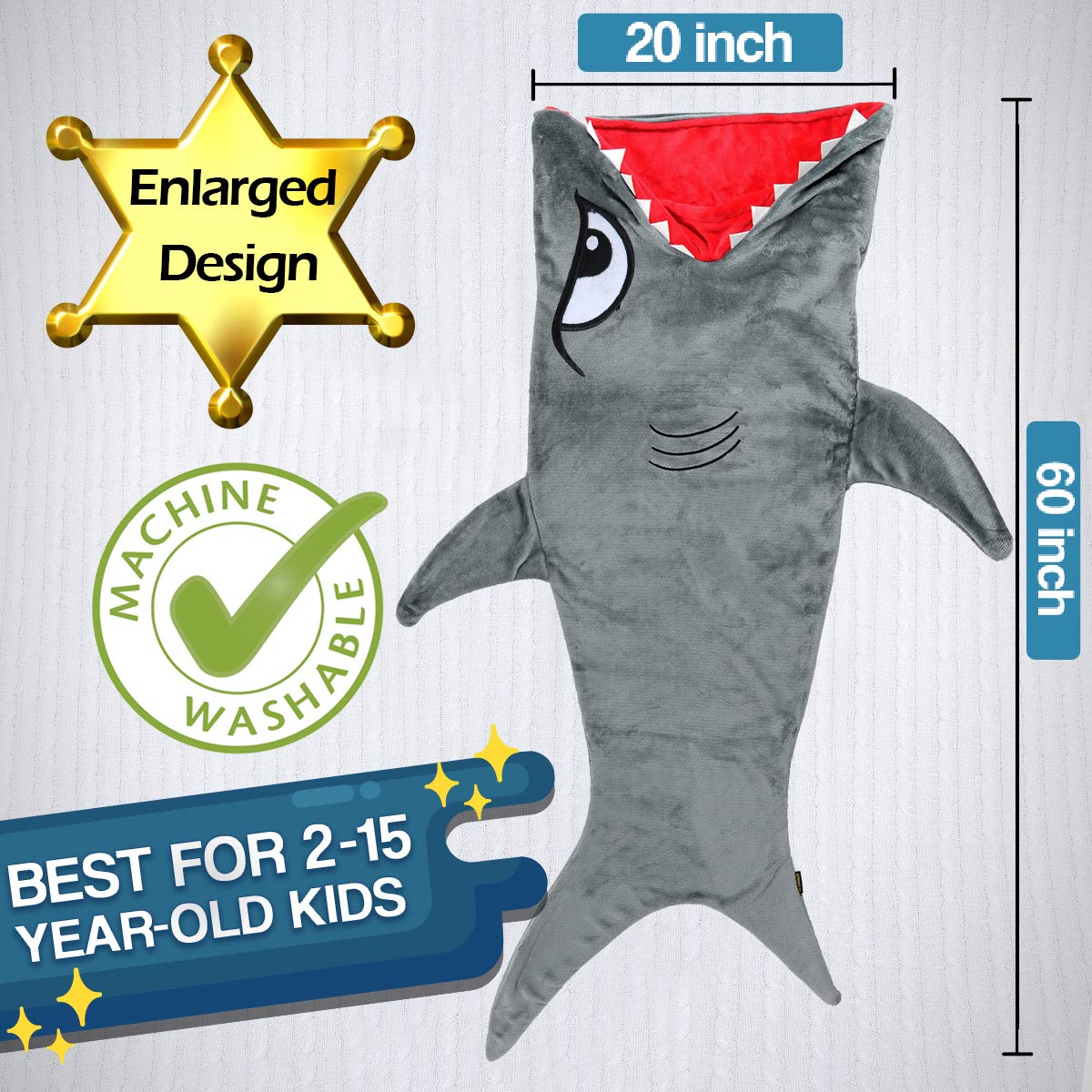 CozyBomB Cozy Shark Tails Blanket for Kids - Smooth One Piece Blankie Design - Durable Seamless Plush Throw - Grey Sleeping Bag with Fin - Christmas Birthday Gifts for Boys & Girls