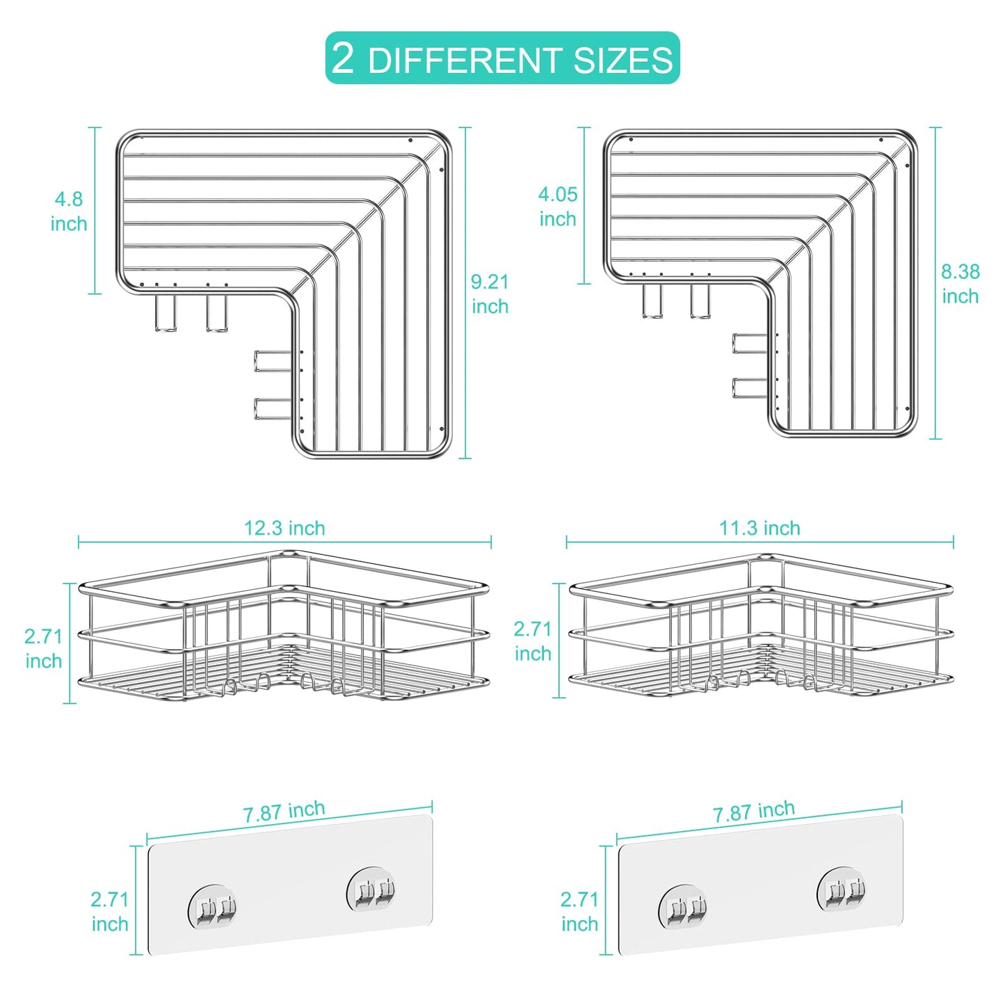 Menbyci Silver Corner Shower Caddy,Adhesive Shower Shelf with Hooks, Stainless Steel Rustproof Bathroom Storage Organizer Rack,No Drilling Shower Shampoo Holder Wall Mounted,2-Pack 2 Packs