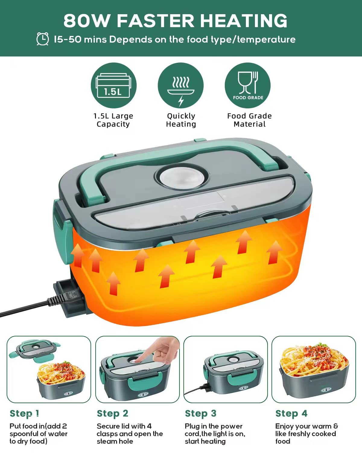 Dosevita Electric Lunch Box 80W Faster Heated Lunch Box Portable Food Warmer for Car Home with Removable 304 Stainless Steel Container Spoon & Fork and Carry Bag (Grey+Green) Grey+green