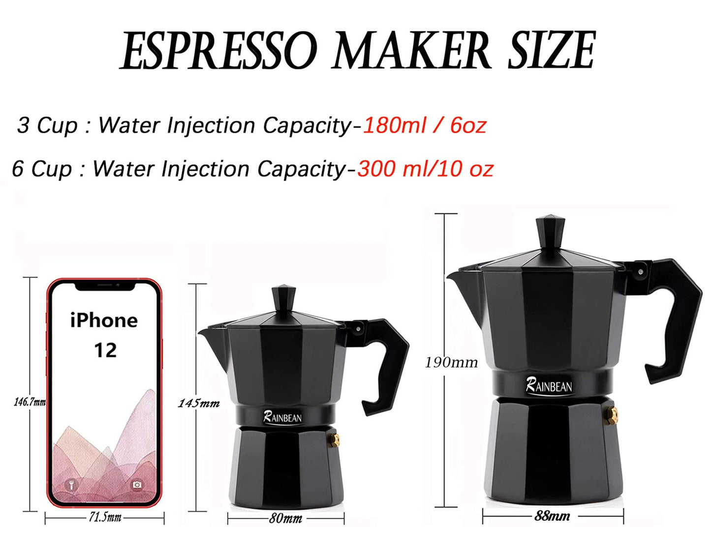 RAINBEAN Espresso Maker, Italian Stove Top Coffee Maker Moka Pot 3 Cup, Cafetiera Percolator For Coffee Latte Mocha Cappuccino Macchiato Cuban Cafe Makers, Black 3 Cup/150ml