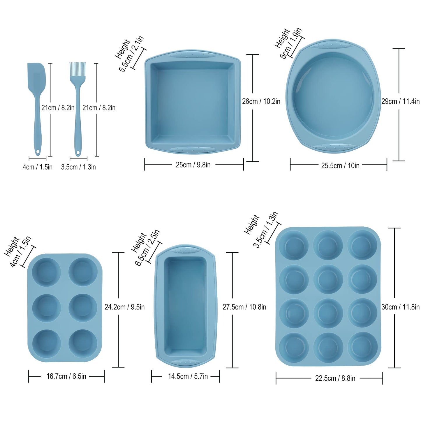 Economical 7in1 Nonstick Silicone Baking Cake Pan Tin Tray Sheet Mould Set for Oven, BPA Free Heat Resistant Bakeware Supplies Mold Tools Kit for Pancake Crepe Cupcake Bread Loaf Muffin Scones Utensil Blue 7in1