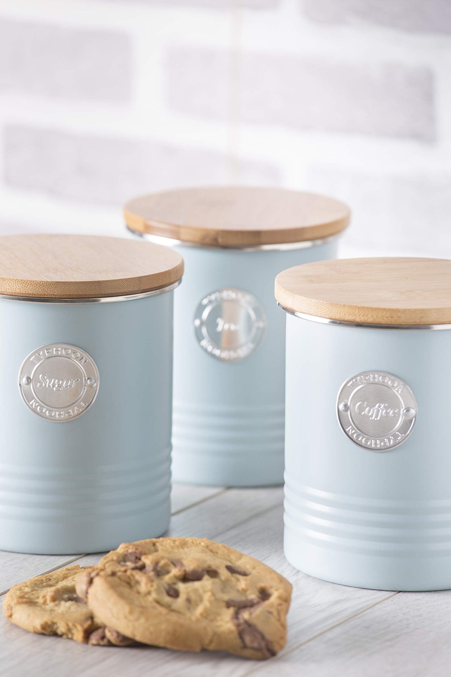 Typhoon Living Airtight Tea, Coffee and Sugar Storage Canister with Bamboo Lid, Set of 3, 1 Litre, Blue Tea, Coffee & Sugar - Set of 3