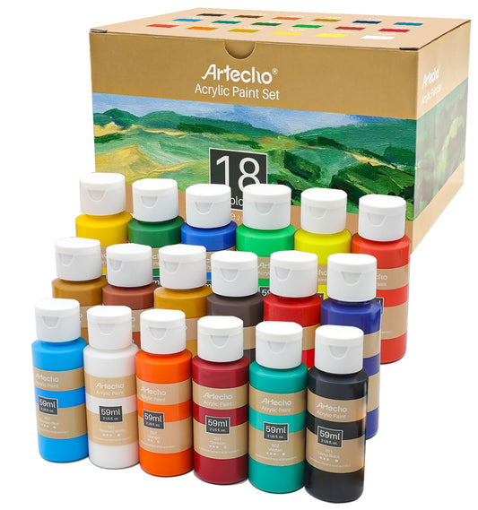 Artecho Acrylic Paint Acrylic Paint Set for Art, 18 Colors 2 Ounce/59ml Basic Acrylic Paint Supplies for Wood, Fabric, Crafts, Canvas, Leather&Stone 18 colours