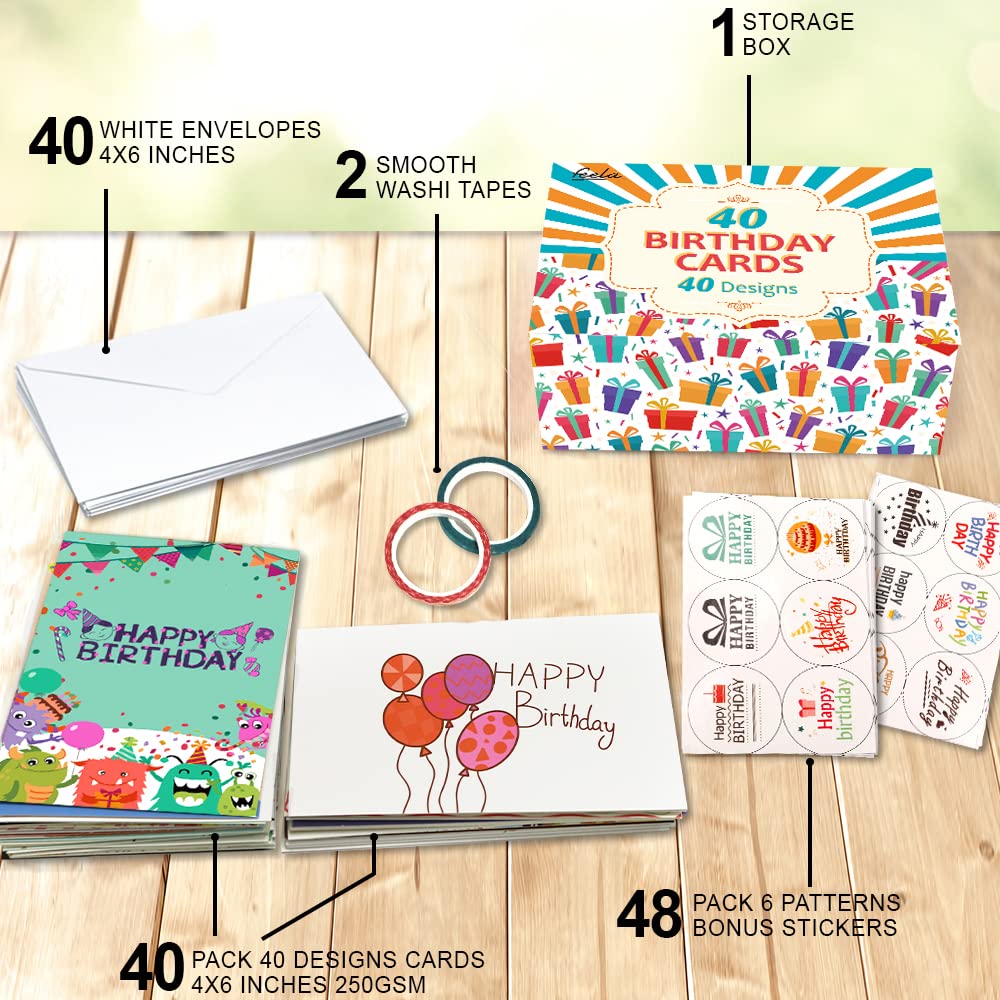 Feela 40 Happy Birthday Cards Pack, 40 Designs Birthday Cards Multipack and 40 Blank Envelopes，48 Pieces of Stickers 2 Washi Tapes, 4 X 6 Inches Blank Greeting Cards for Women, Men, Friends and Kids