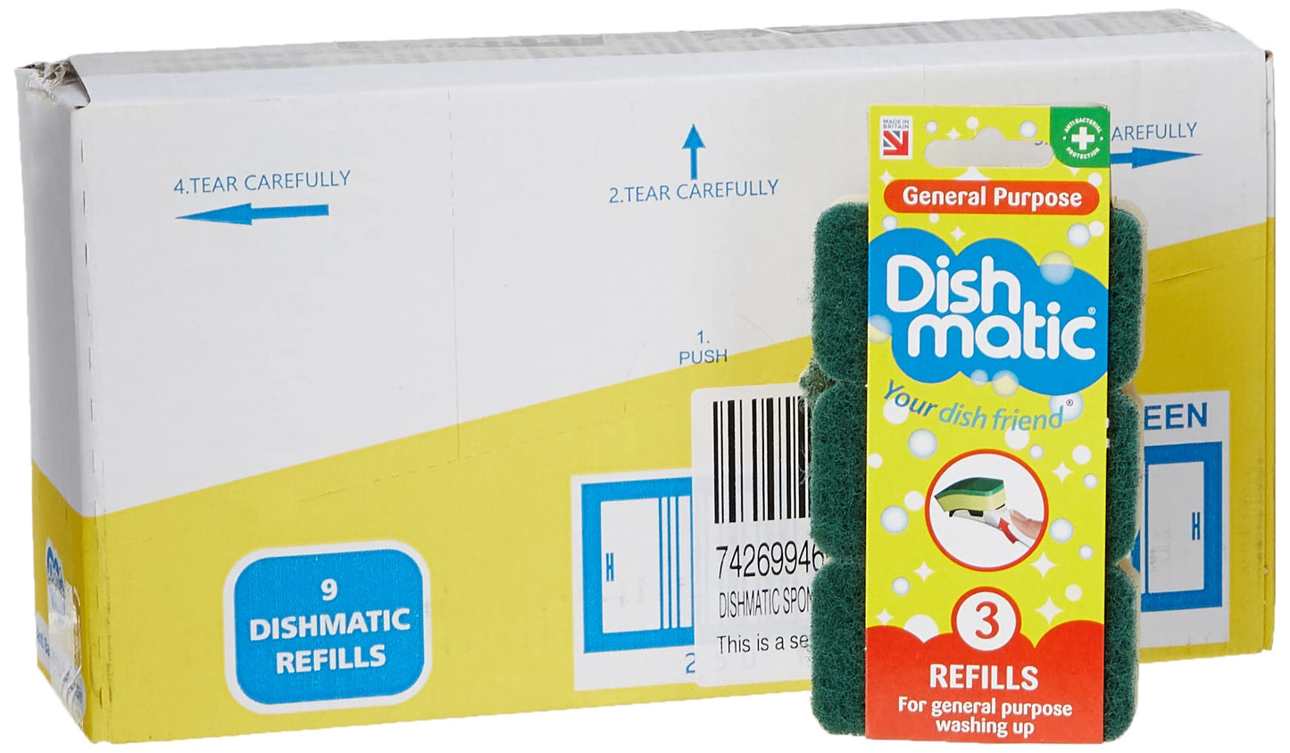 Dishmatic Green General-Purpose Washing-Up Sponge Refill Heads Pack of 3 x 9 – Kitchen Washing-Up Handle Refills Single