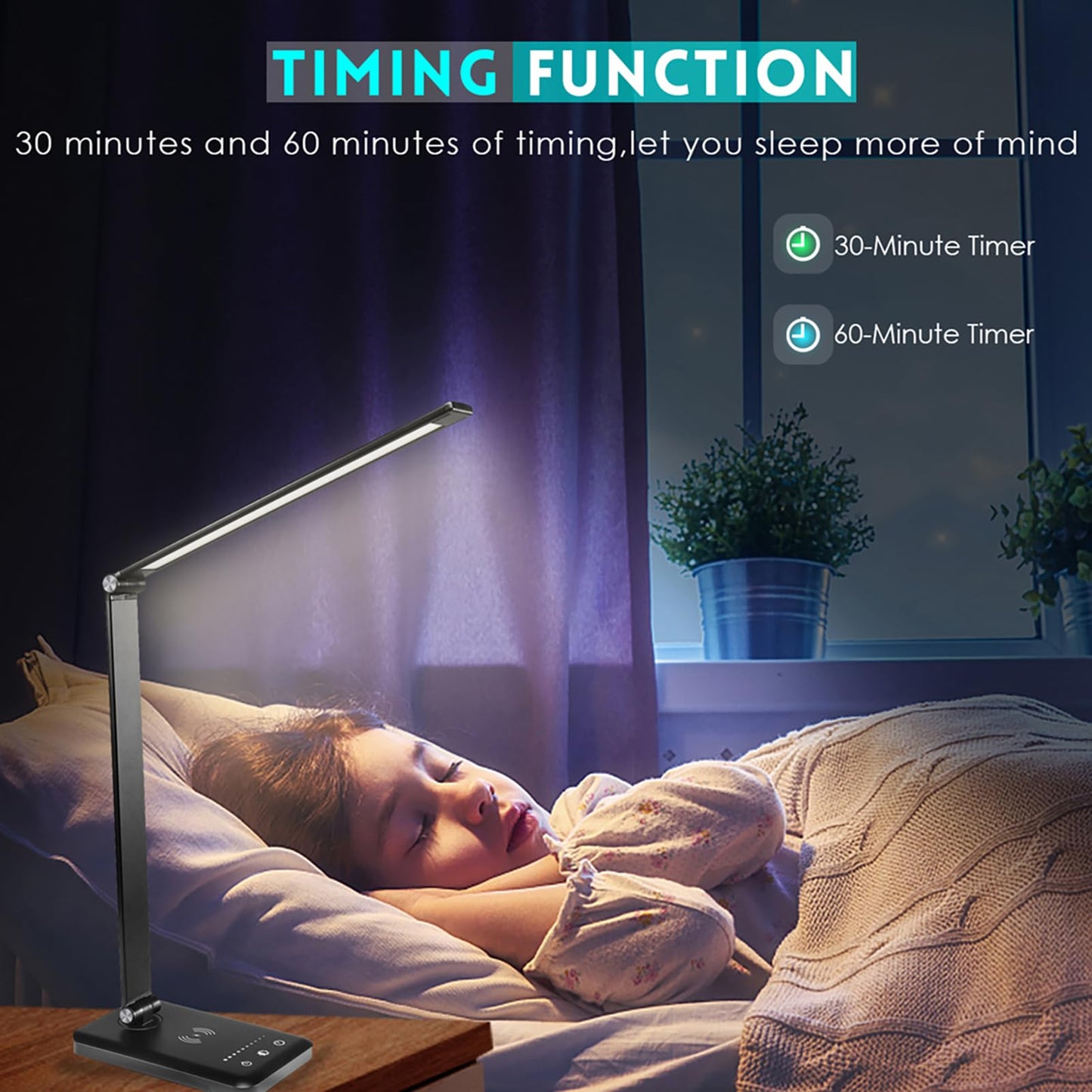 BIENSER LED Desk Lamp with Wireless Charger, USB Charging Port, Table Lamp with 10 Brightness, 5 Lighting Colors, Dimmable Eye-Caring Desk Lamps for Home Office, Touch Control, 30/60min Auto Timer PRO-Black