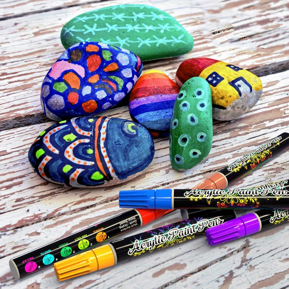 Desire Deluxe Acrylic Paint Pens - Non Toxic Water Based Rock Painting Waterproof Kit Markers for Stone, Ceramic, Glass, Wood, Porcelain, Pebbles - Reversible Round Tip