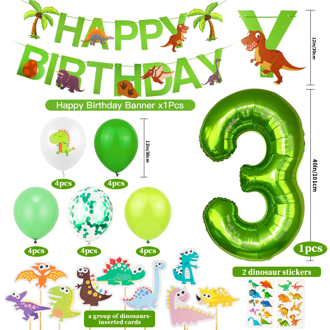 Dinosaur Birthday Party Decoration Set, Giant Dinosaur Foil Balloons, 3rd Birthday Balloons Set, 3rd Birthday Balloons Green for Dinosaur Party Decoration Jungle Party Boys Children Green-3