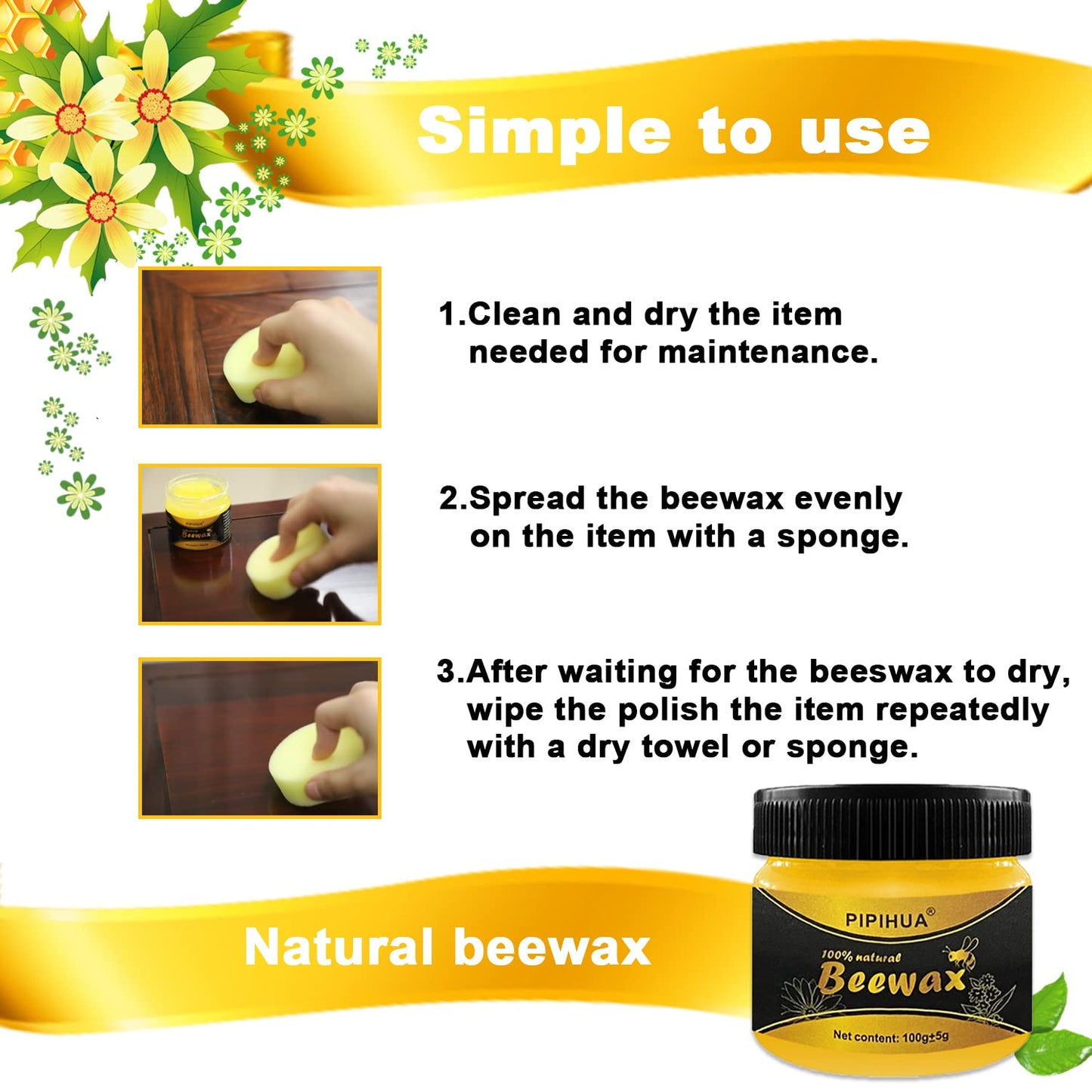 PIPIHUA Wood Seasoning Beeswax,Multipurpose Waterproof & Repair Wood Wax,Furniture Care Anti-Slip Wax,Traditional Beeswax Polish for Wood & Conditioner,2×100g with 4 Sponges 6 Piece Set