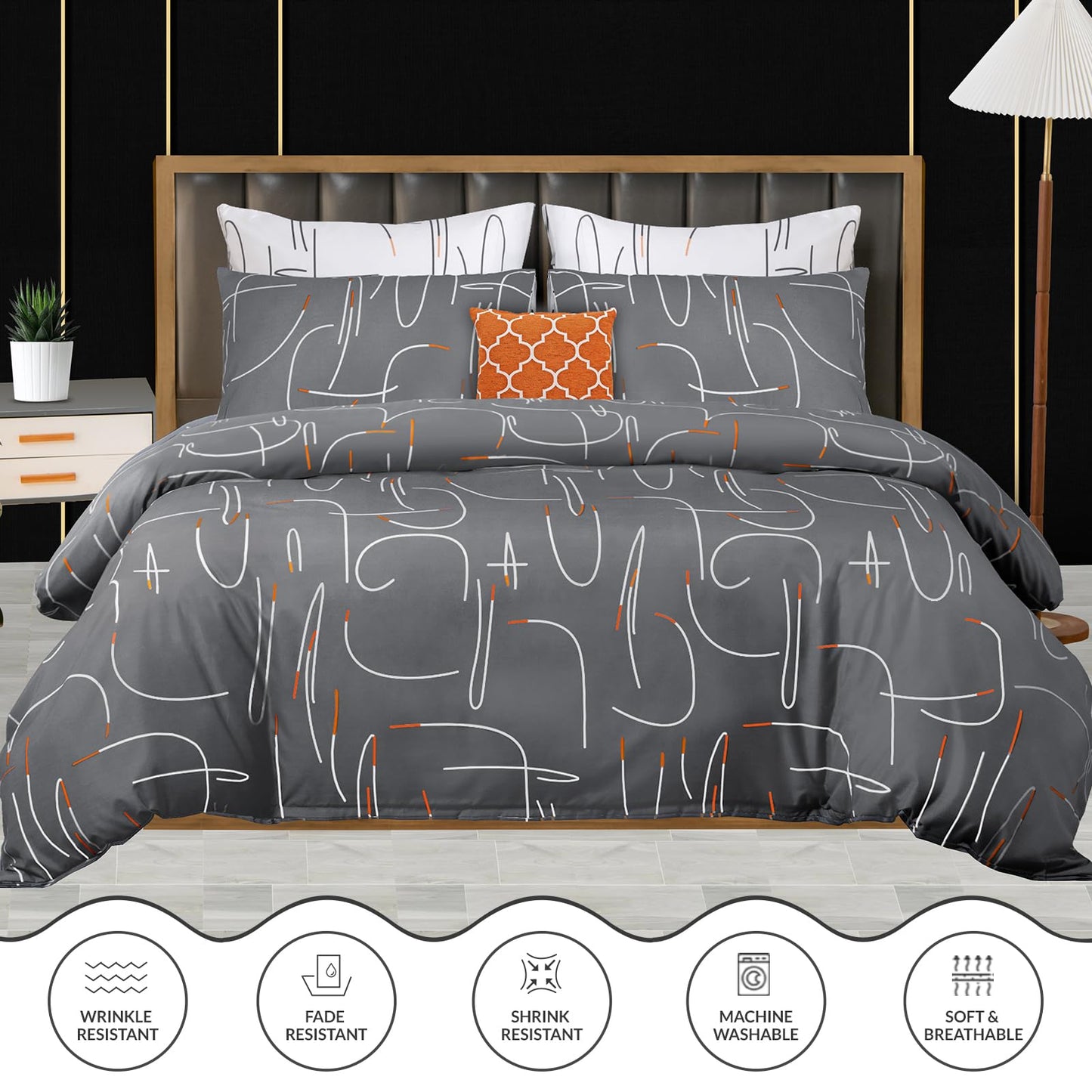 Pamposh Single Duvet Cover Set - Single Bedding Set Reversible - Single Quilt Cover Bed Set - Premium Microfiber Duvet Cover Sets With Pillowcase (Grey/White/Orange, Single (135 x 200 cm)) Grey / White / Orange Single (135 x 200 cm)