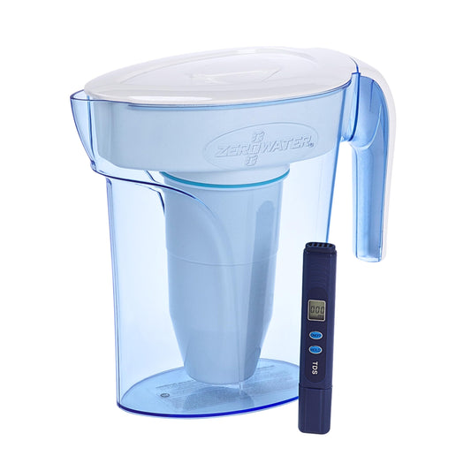 ZeroWater ZP-006-4, 6 Cup Water Filter Pitcher with Water Quality Meter,White and Blue White and Blue 1.4 Liter