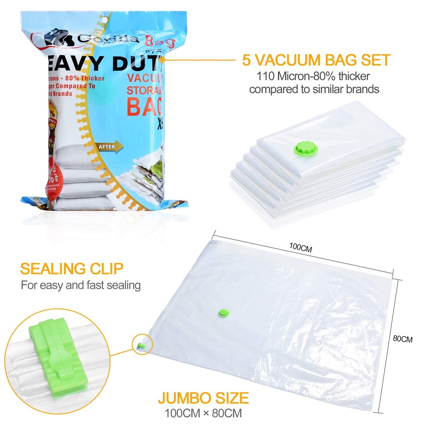 HEAVY DUTY 5 VACUUM STORAGE BAGS by Gorilla Bags, Extra Large 100x80cm. Extra Strong 110 Microns. Double Zip Seal & Unique Turbo Valve Keeps Items Compressed For Longer. 5 Large 100x80cm