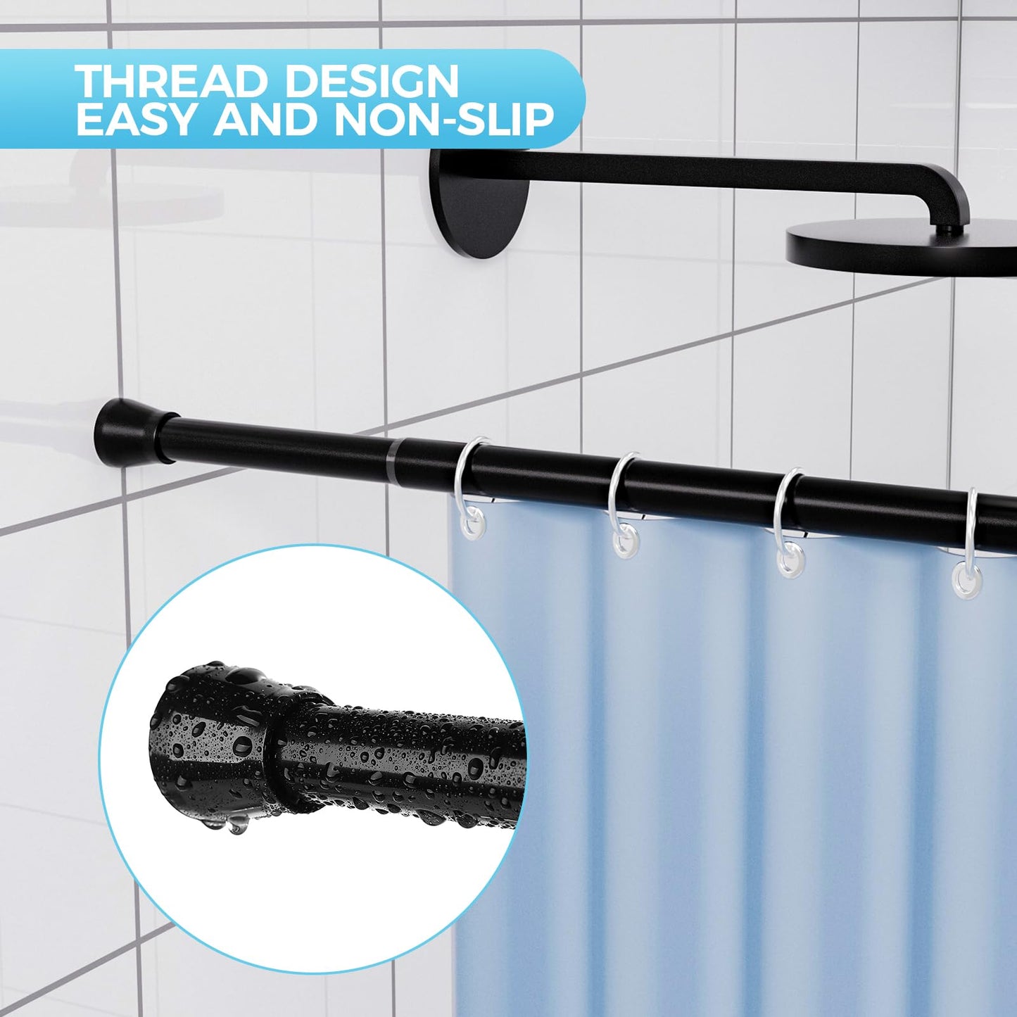 Zipglo Tension Rod 85-150 Cm Curtain Rods Extendable 2p, Shower Rail Extendable Black Spring Loaded Curtain Rod Adjustable Shower Curtain Rail Extendable Curtain Poles No Drilling for Closet, Bathroom 85~150 cm 2p