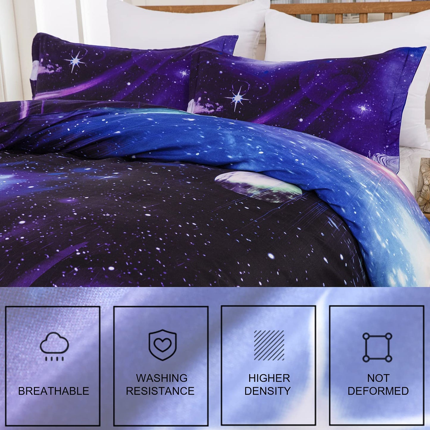 Galaxy Duvet Cover Single Reversible Universe Moon Printed Bedding Set Soft Microfiber Quilt Cover with Zipper Closure for Bedding Decro (2Pcs,135x200cm) Single Size Purple