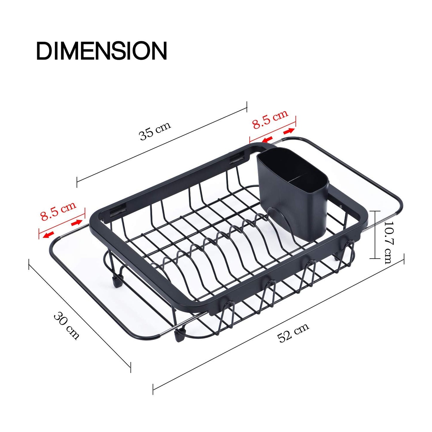 Kingrack Dish Sink Drainer, Dish Drying Rack Over Sink, Extendable Dish Drainer Black With Removable Cutlery Holder, Glass Holder,Dish Rack in Sink or On Counter, Plate Rack Drainer for Kitchen, Black M