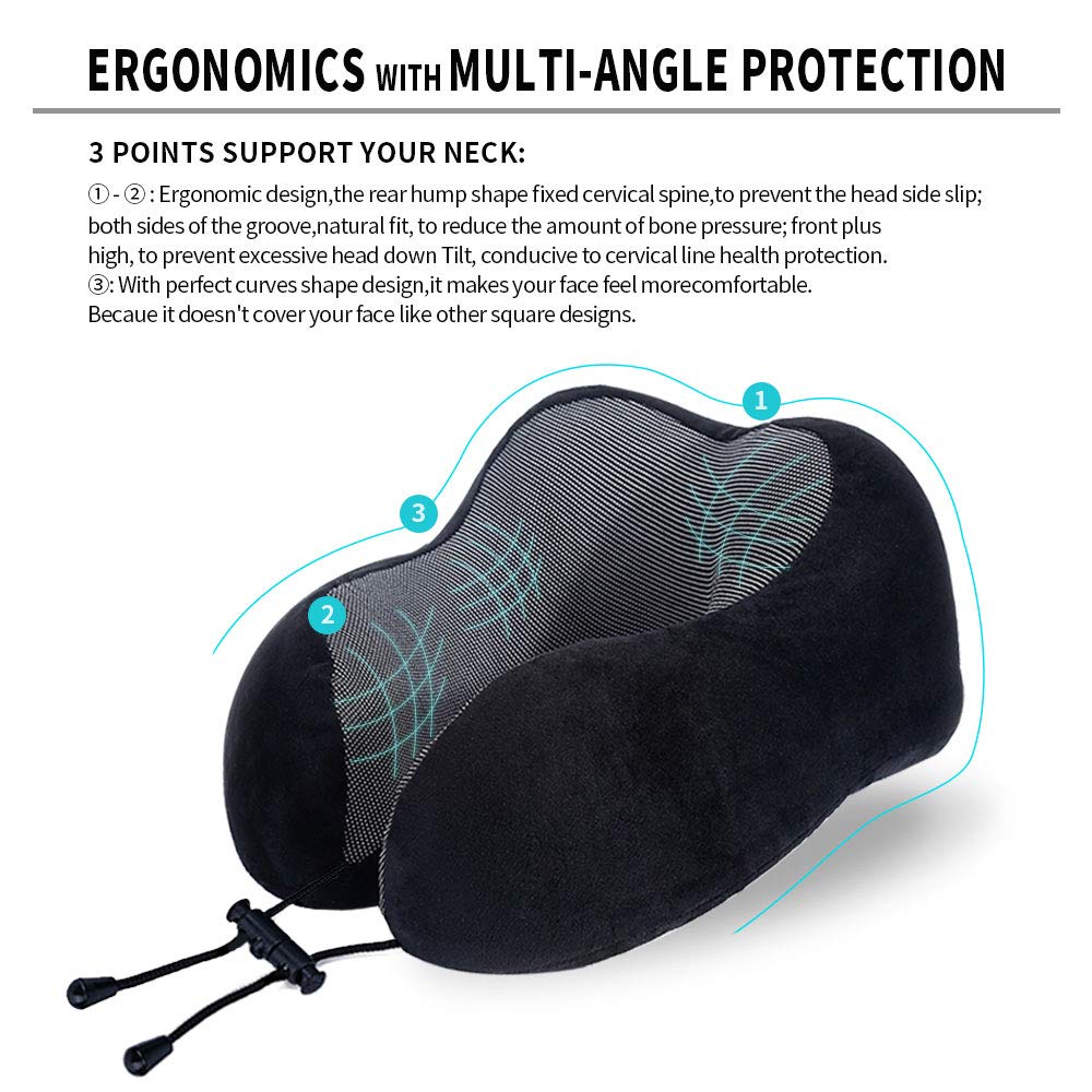 Travel Pillow, Best Memory Foam Neck Pillow Head Support Soft Pillow for Sleeping Rest, Airplane Car & Home Use (Black)