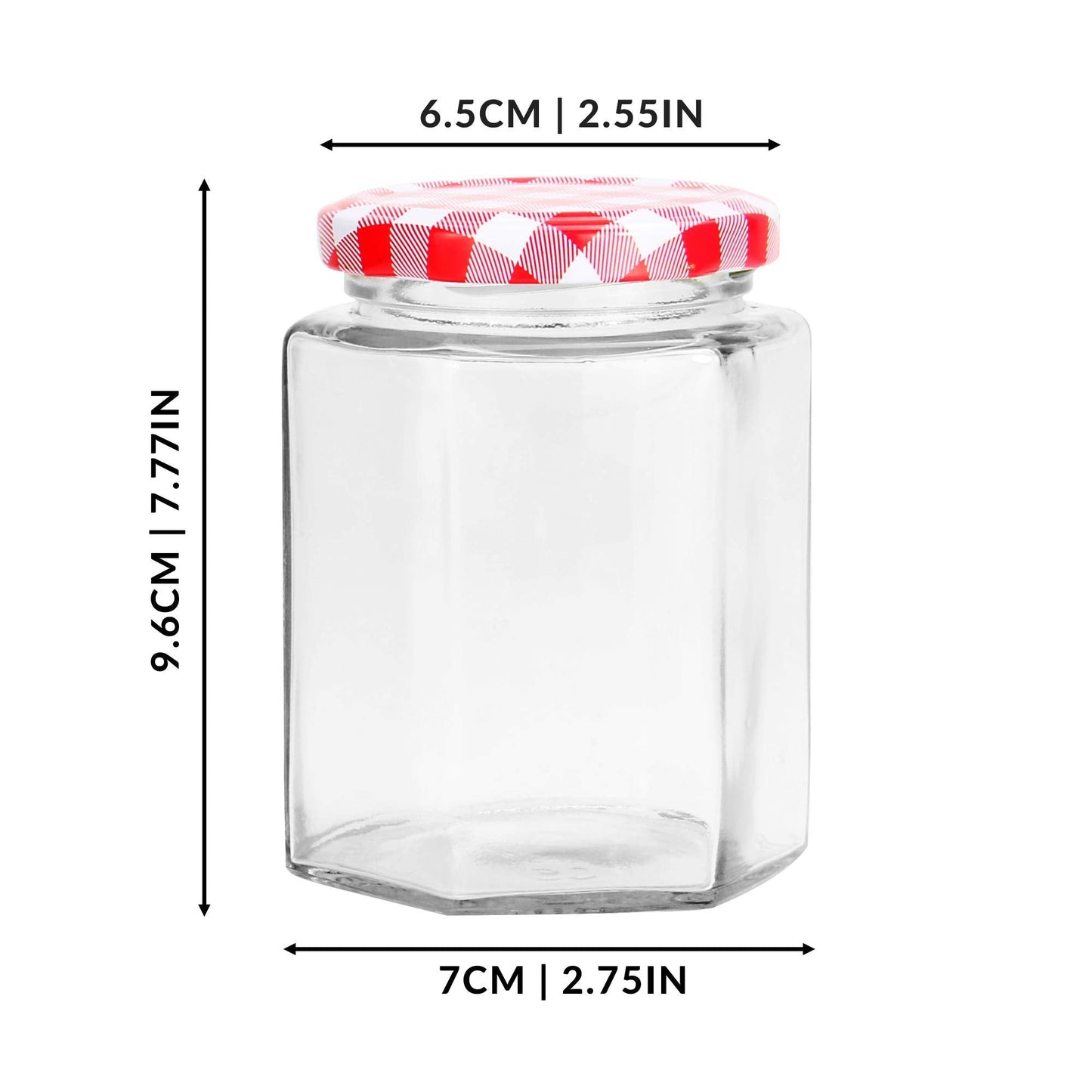 Hexagonal Mouth Glass Jam Jars - Set of 24 | 250ml Capacity | Glass Preserve Pots | Screw Top | Gingham Lids | Airtight Pickle & Sauce Jars | M&W