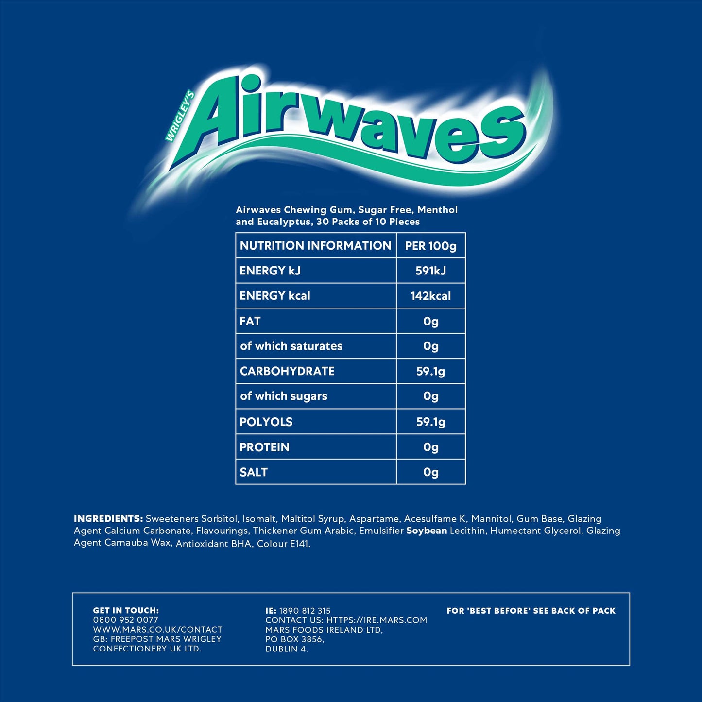 Airwaves Sugarfree Chewing Gum, with Menthol Freshness, 30 Packs of 10 Pieces. single Menthol & Eucalytptus 420 g (Pack of 1)