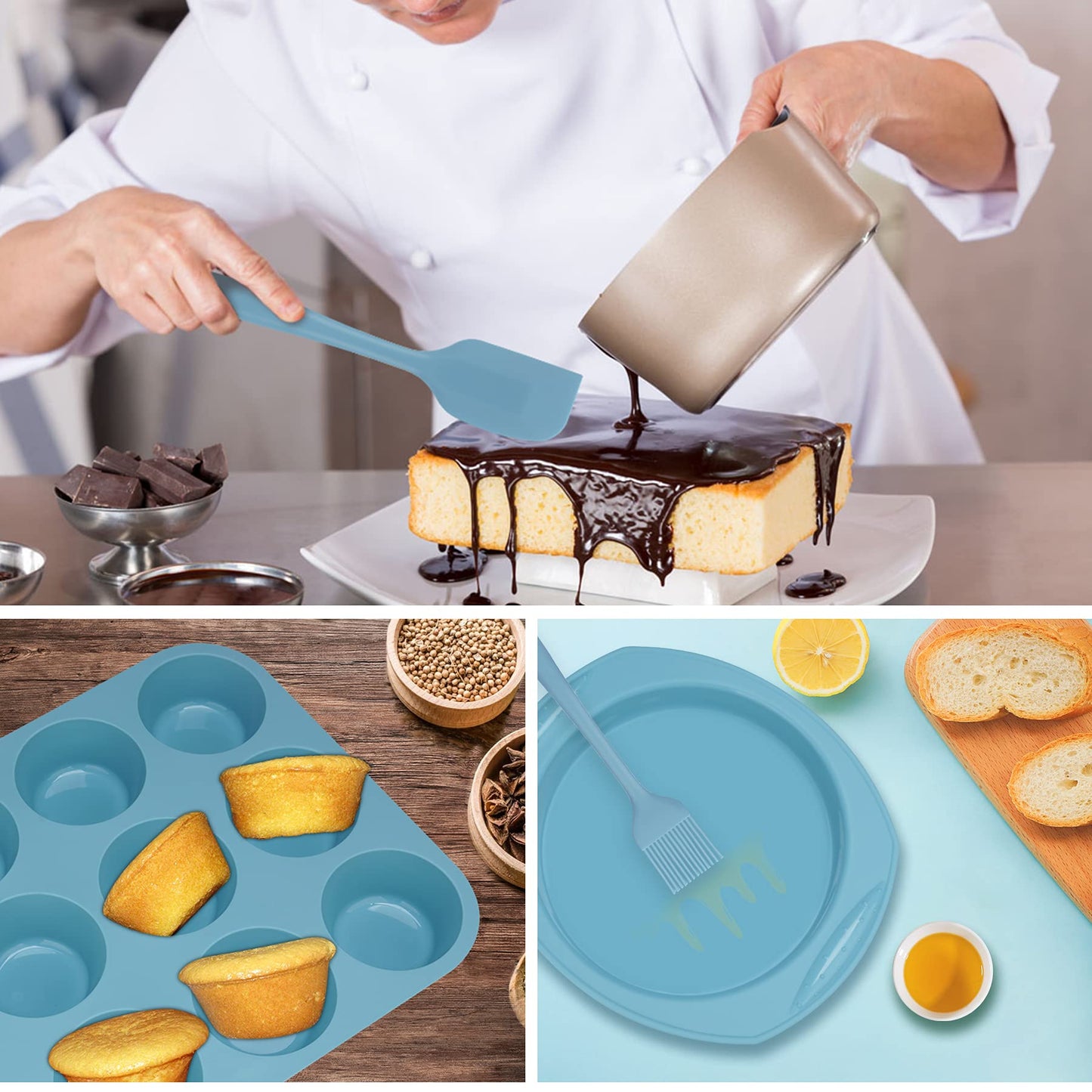 Economical 7in1 Nonstick Silicone Baking Cake Pan Tin Tray Sheet Mould Set for Oven, BPA Free Heat Resistant Bakeware Supplies Mold Tools Kit for Pancake Crepe Cupcake Bread Loaf Muffin Scones Utensil Blue 7in1