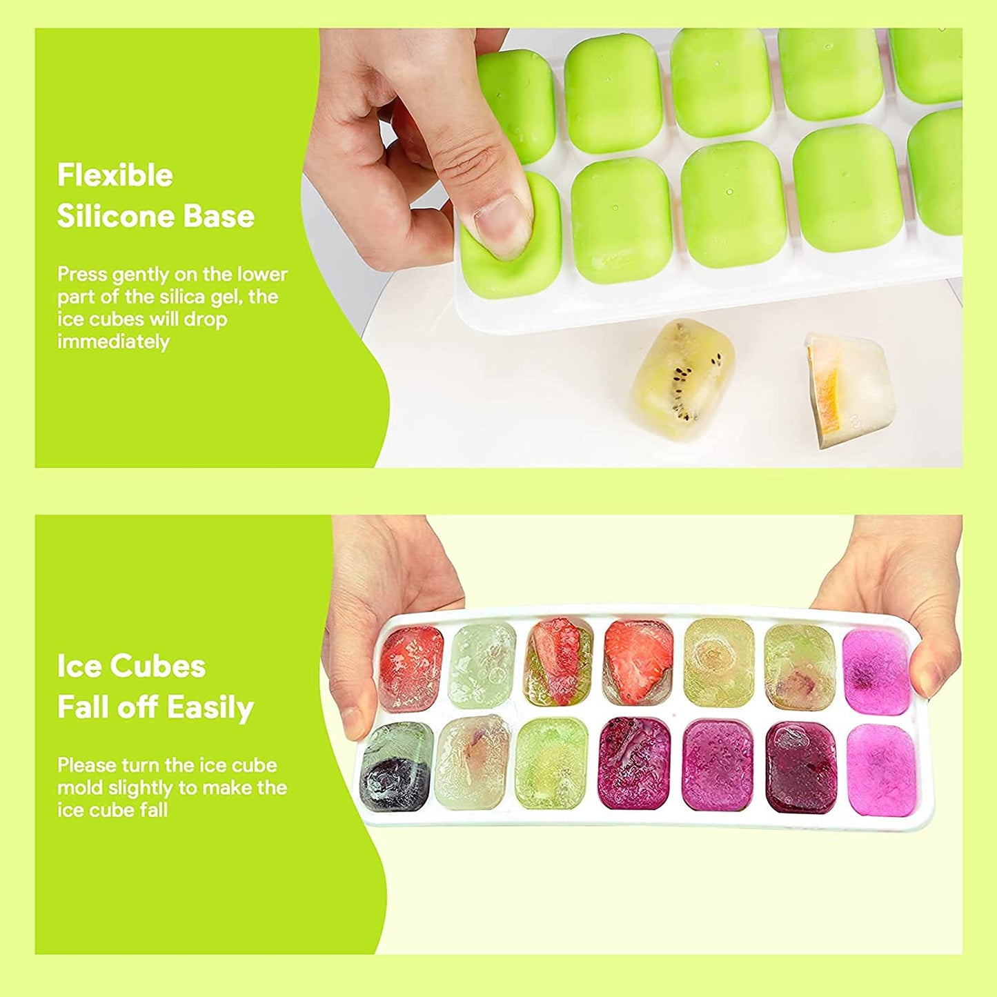 Ice Cube Trays with No-Spill Removable Lid, Lfgb Certified BPA Free Moulds,Easy-Release Silicone and Flexible 28-Ice Trays,Best for Freezer,Baby Food,Water,Whiskey,Cocktail and Other Drink 1green & 1blue