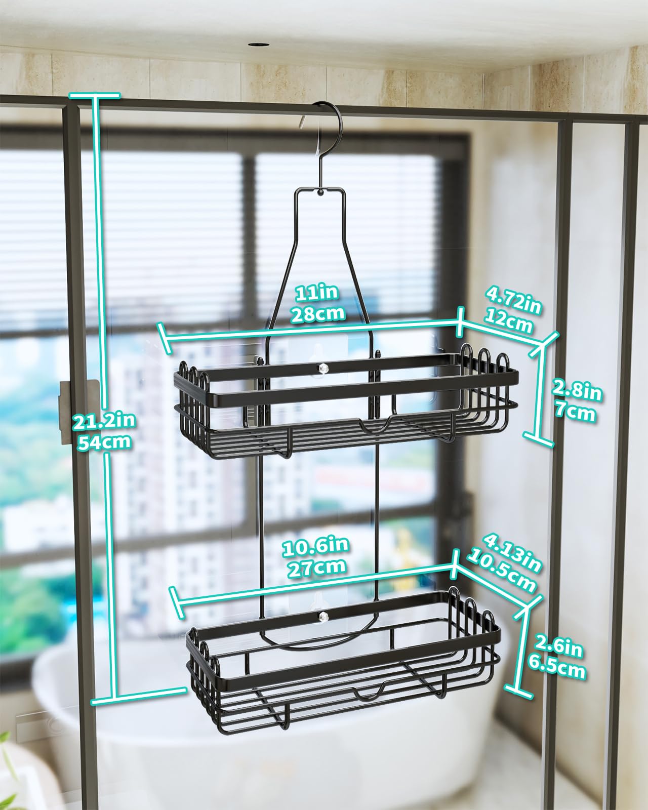 HapiRm Shower Caddy Hanging, No Drilling Stainless Steel Bathroom Organiser,2 Tier Shower Shampoo Holder, Rust-resistant Shower Storage for Shower Accessories,3 Screw Adhesives，Black Black-02