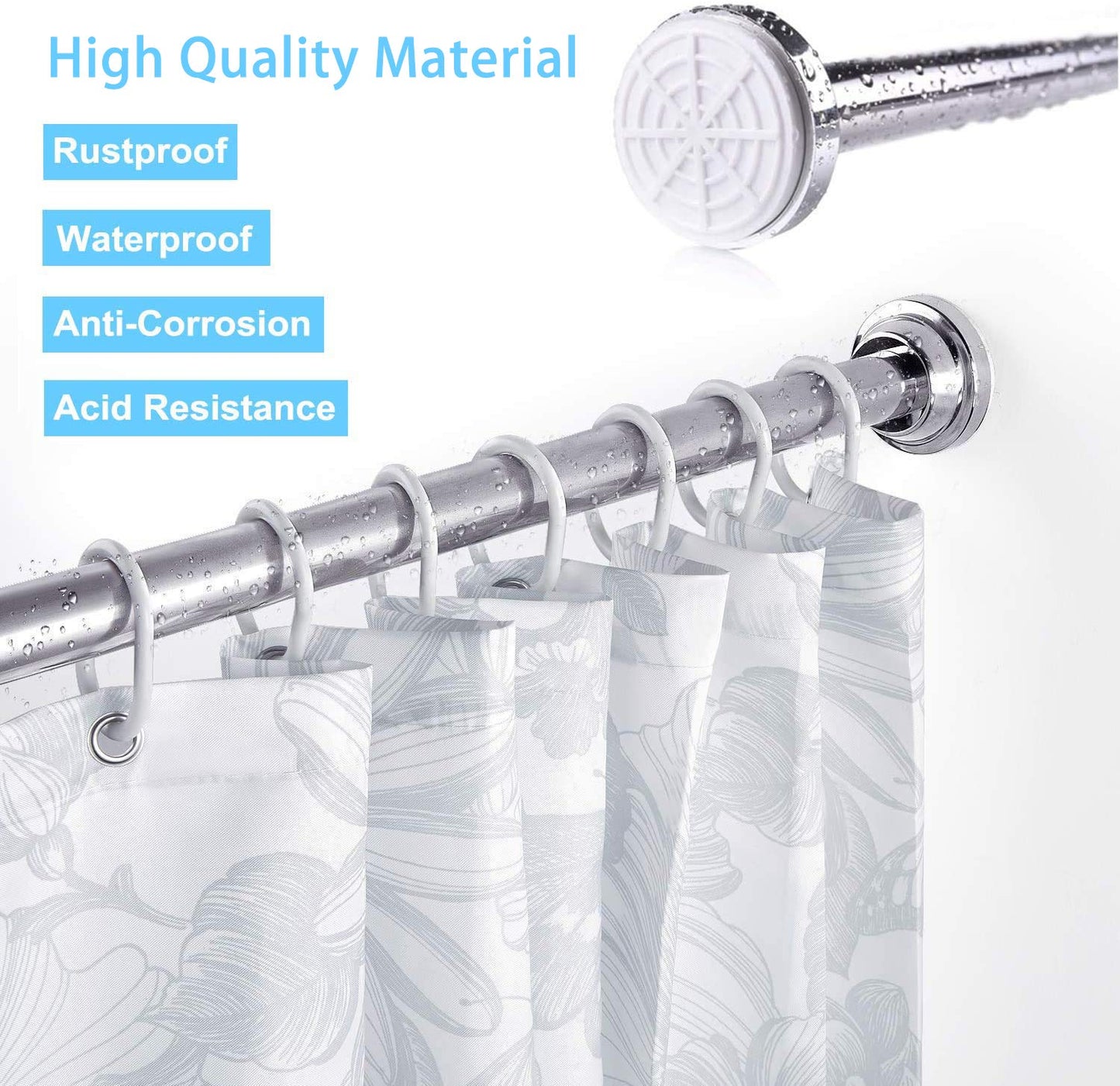 KZGRIT Shower Curtain Rod, Stainless Steel, No Drilling & Rust, Anti-Slip, Adjustable Tension Spring Pole, Extendable Telescopic Rail for Closet, Bathroom, Windows or Doorways(155-260cm) 155-260cm