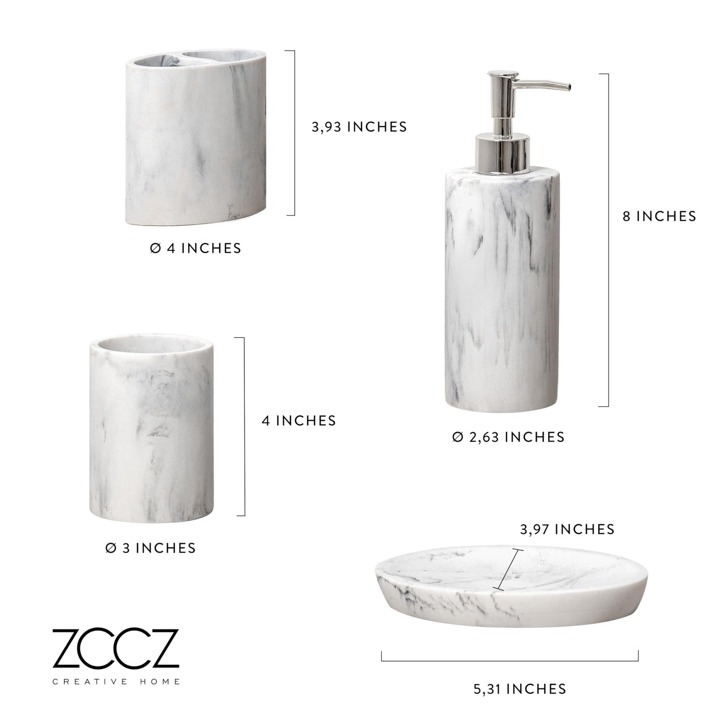 ZCCZ Bathroom Accessory Set 4 Pcs, Bathroom Décor Accessories with Soap Dispenser, Toothbrush Holder, Bathroom Tumbler, Soap Dish, Marble Look Bathroom Vanity Countertop Accessory Set White