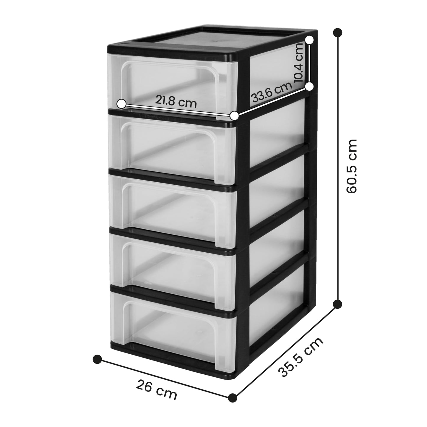 Iris Ohyama, Plastic Drawers Storage Unit, Plastic Storage Drawers, A4 Format, H60.5cm/5 Drawers, BPA Free, Black, W35.5 x D26 x H60.5cm, OCH-2005 H60.5cm / 5 Drawers