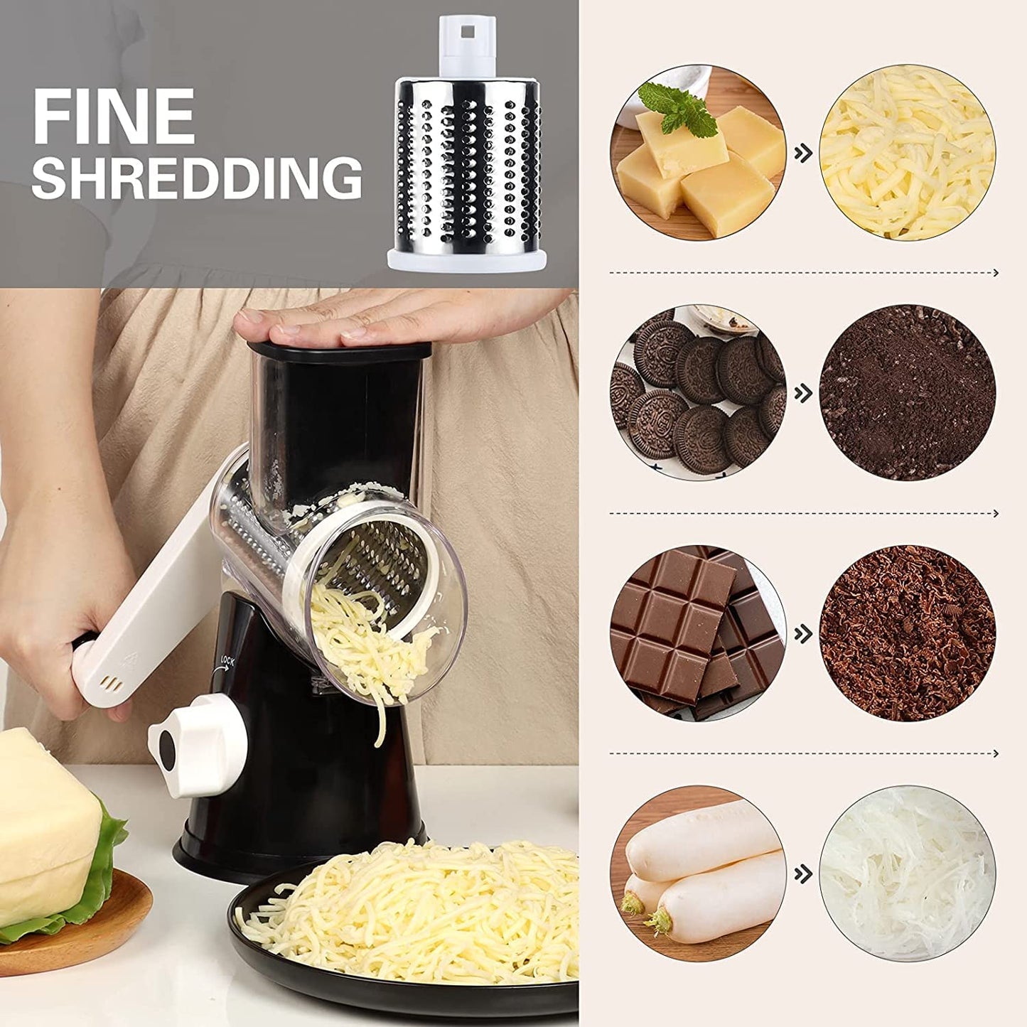 Ourokhome Rotary Cheese Grater Vegetable Slicer - Rotary Round Drum Grater Chopper with 3 Stainless Steel Drums Strong Suction Base (Black) Black