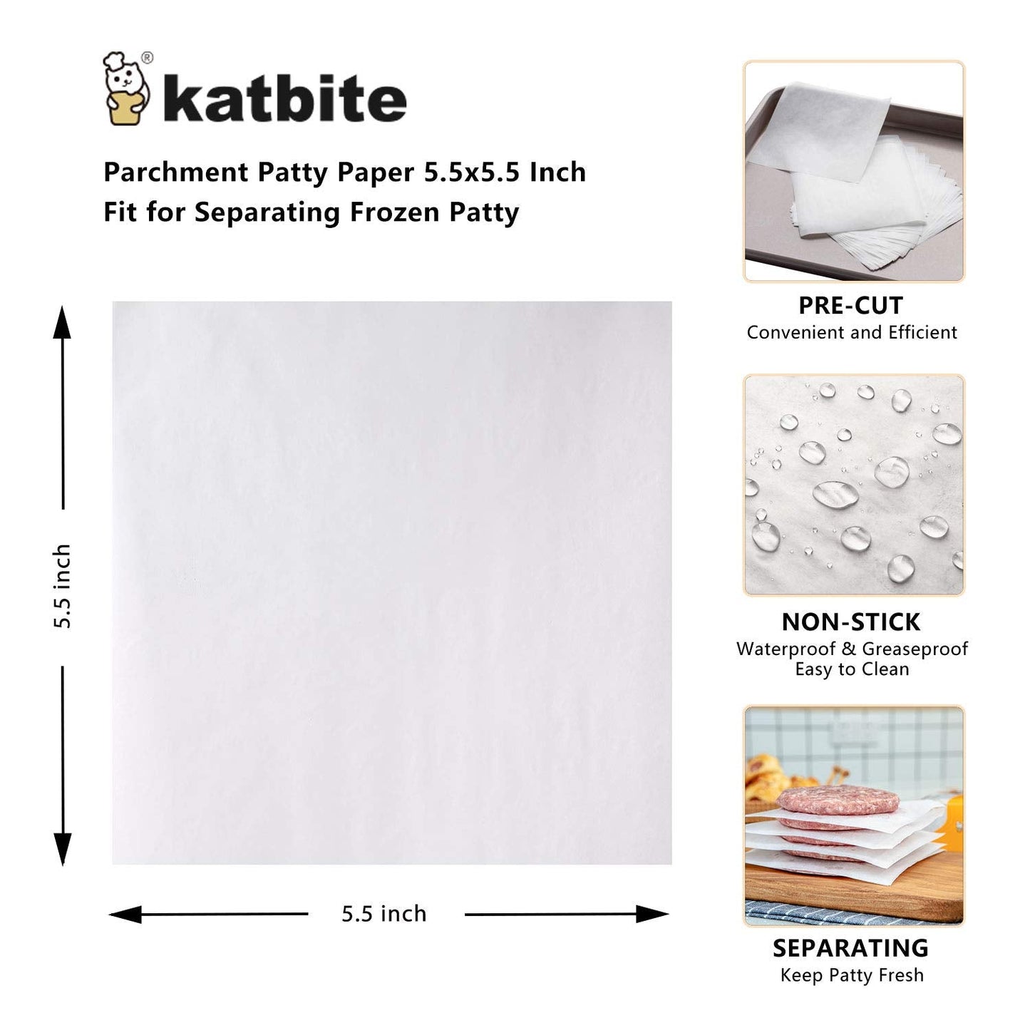 katbite 14 cm Burger Paper 1000 Pcs, katbite 5.5 x 5.5 inches Non Stick Hamburger Patty Parchment Paper, Baking Paper Square for Baking, Patty Separating 14x14 cm (Pack of 1000) White