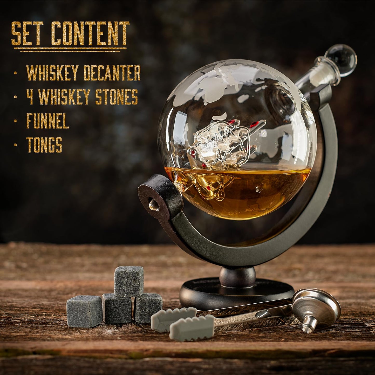 Whisiskey – Whiskey Decanter – Globe - 900 ml – Whiskey Carafe Set - Gifts for Men – Inc. 4 Whiskey Stones – Spout – Glass Stopper and Pliers Decanter Set