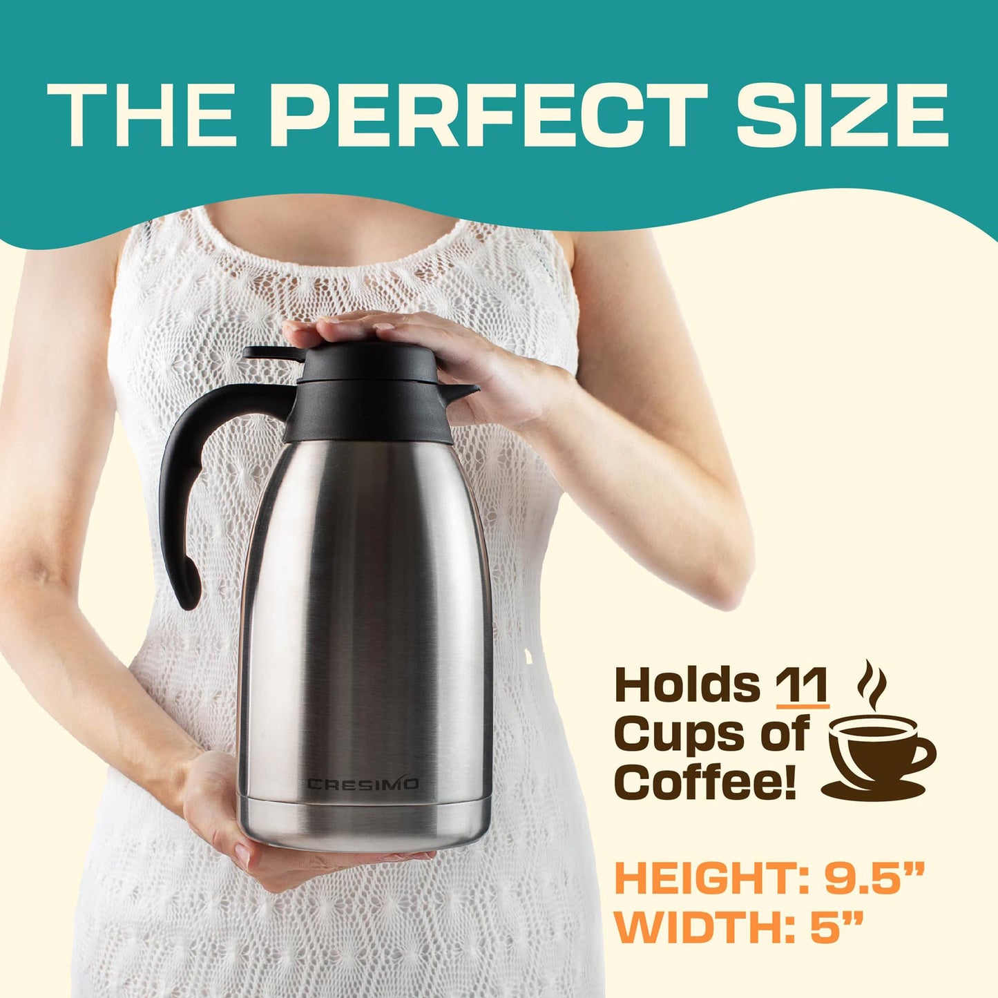 2L Thermal Flask Coffee Carafe - 24 Hour Heat Retention - Double Walled Vacuum Jug | Insulated Vacuum Flask Carafe | Coffee & Tea Dispenser | Stainless Steel Coffee Urns & Milk Carafe - Cresimo Silver