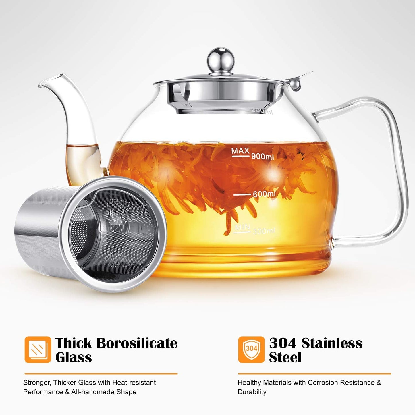 Glass Teapot, 1200 ml Tea Pot, STNTUS Teapot, Glass Teapot with Infuser, Borosilicate Teapot with Infuser for Loose Tea, Teapot with Stainless Steel Strainer for Loose Tea, Teapot for 4-6 Cups 1200ml