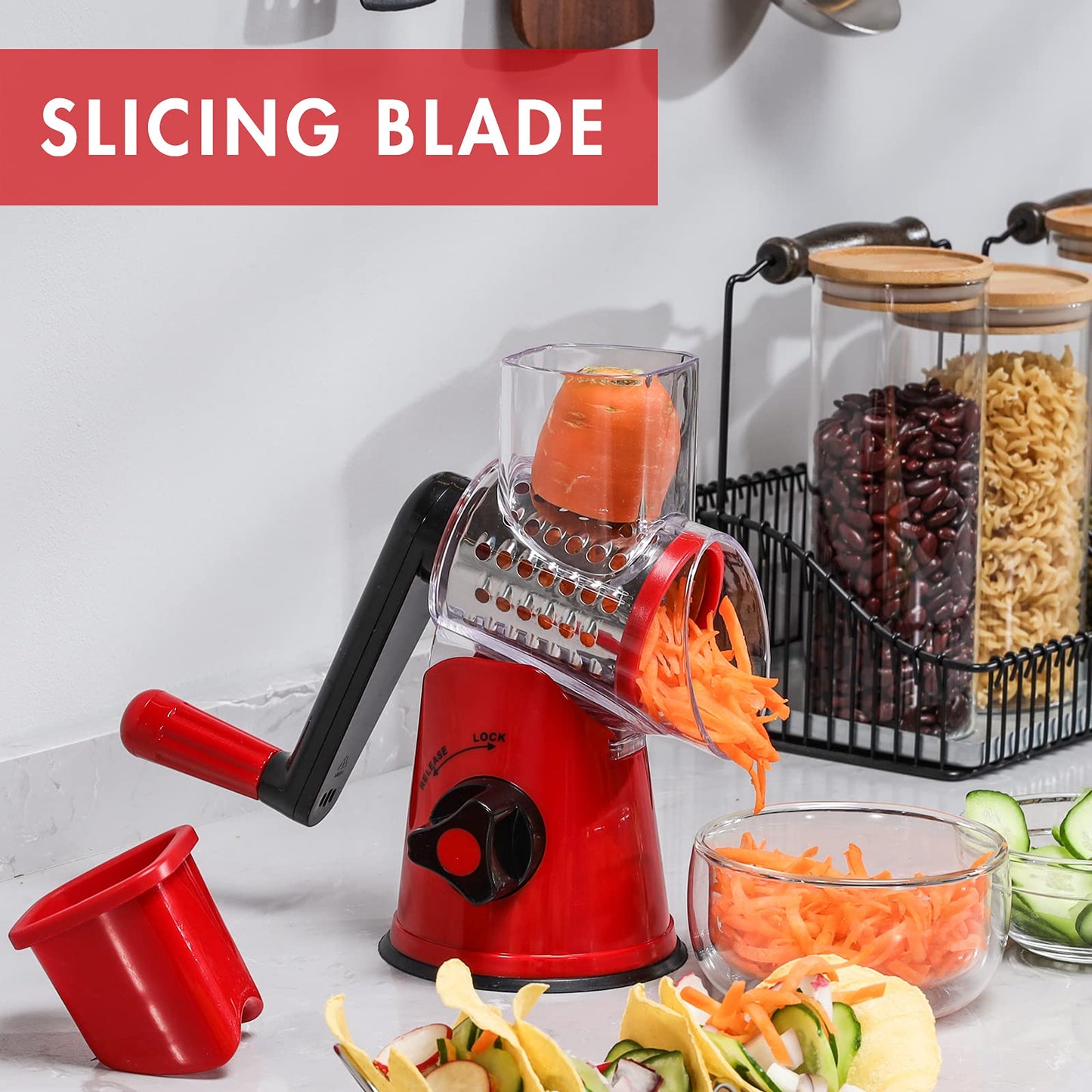 GDL Cheese Grater Rotary, Vegetable Slicer with 3 Interchangeable Drum Blades，Grater Kitchen Fast Cutting for Time Saving, Rotary Grater Suitable for Vegetable, Fruit, Nut, etc. Red