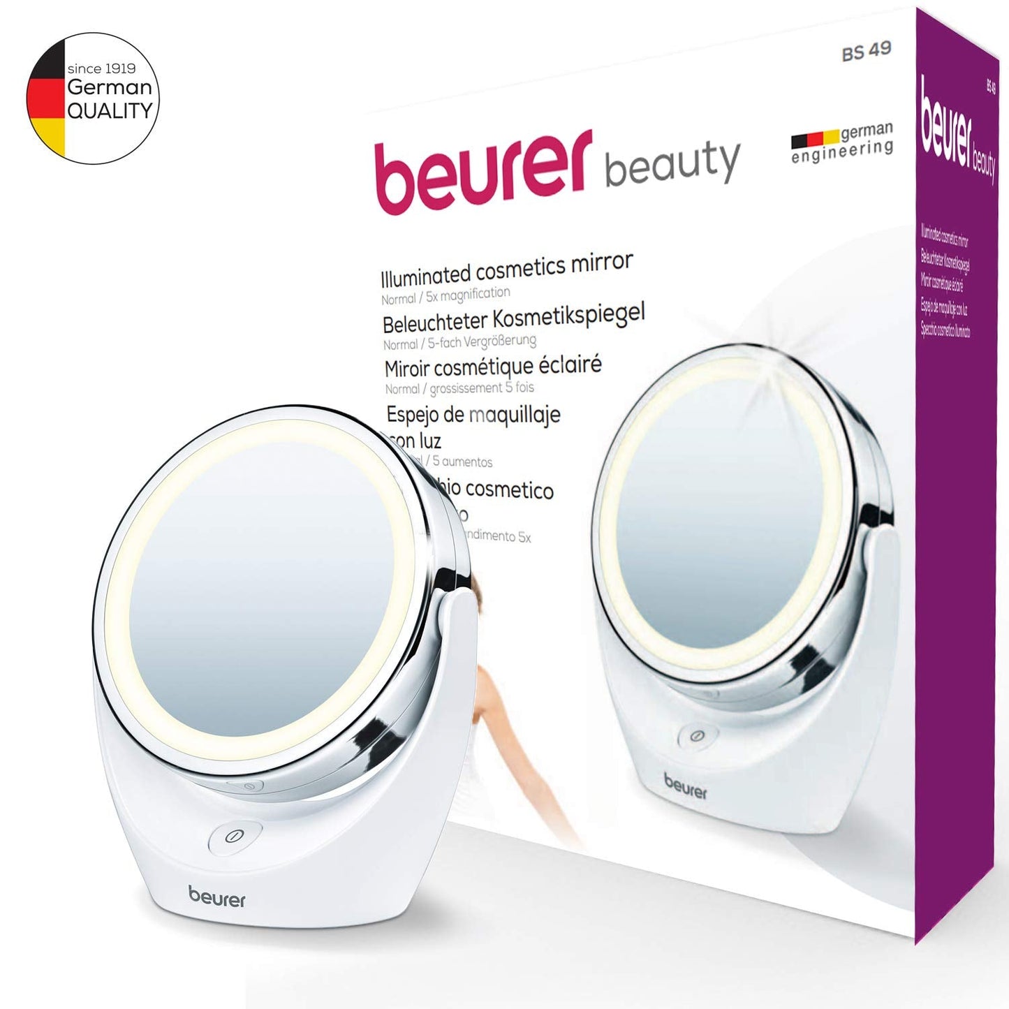 Beurer BS49 Illuminated Vanity Mirror, Rotatable Make-Up Mirror With Normal And 5x Magnification, Battery Operated LED Cosmetic Mirror, Ideal For Make-Up Or Shaving A 1 - Pack