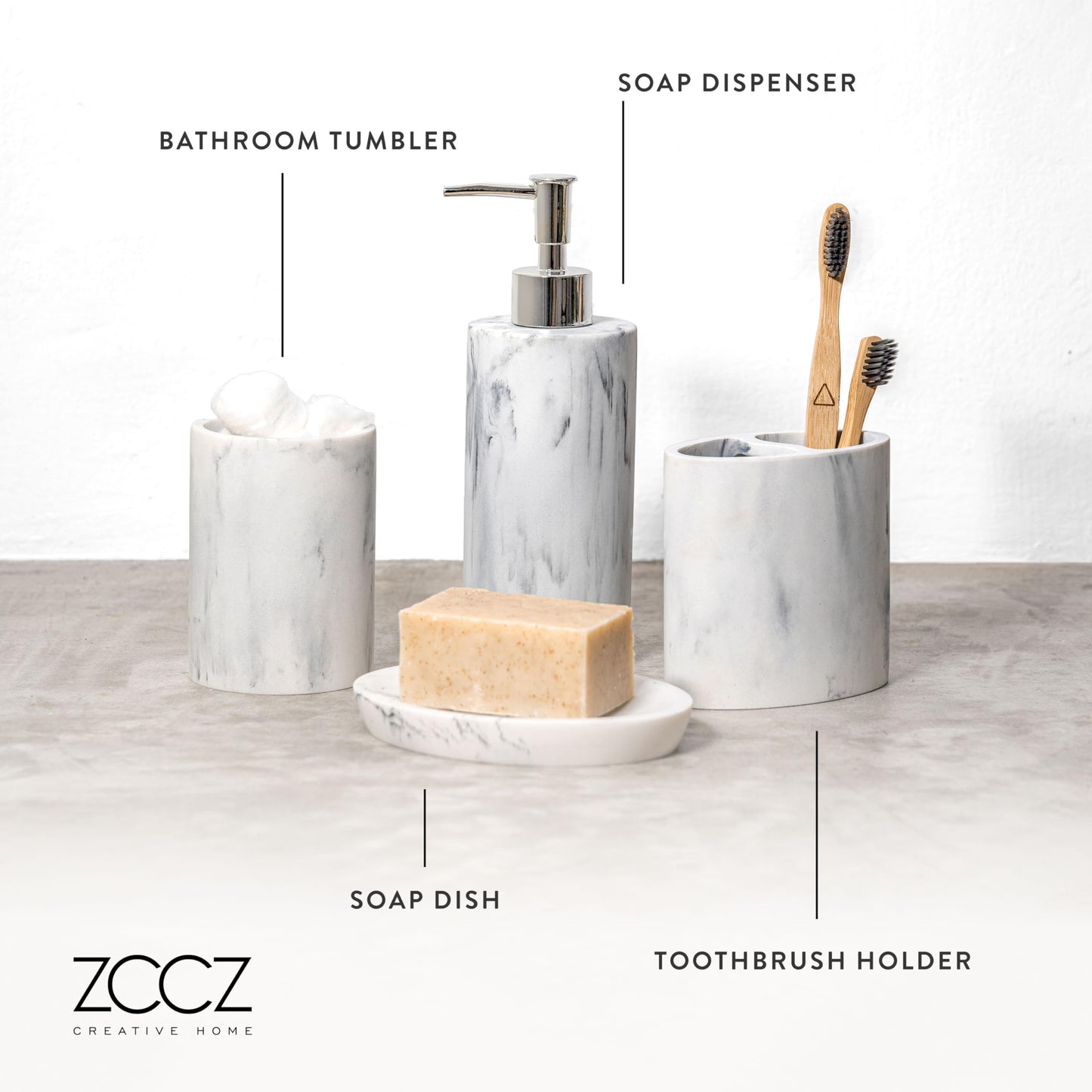 ZCCZ Bathroom Accessory Set 4 Pcs, Bathroom Décor Accessories with Soap Dispenser, Toothbrush Holder, Bathroom Tumbler, Soap Dish, Marble Look Bathroom Vanity Countertop Accessory Set White