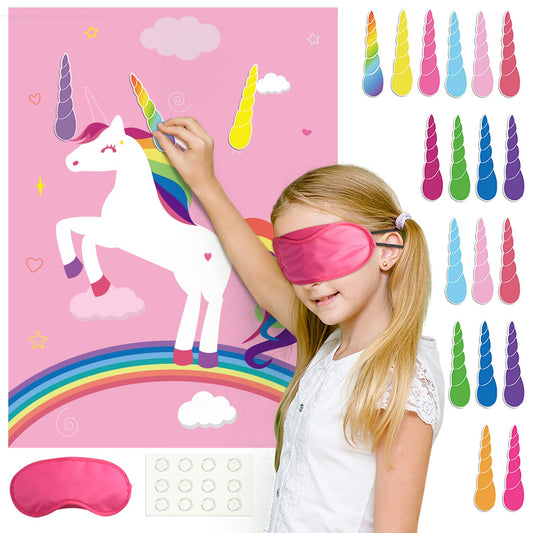 FEPITO Unicorn Party Game for Kids Pin the Horn on the Unicorn Birthday Party Game Poster with 24 Horns Pin the Tail on the Unicorn for Unicorn Party Wall Home Room Decorations Birthday Party Supplies Pink