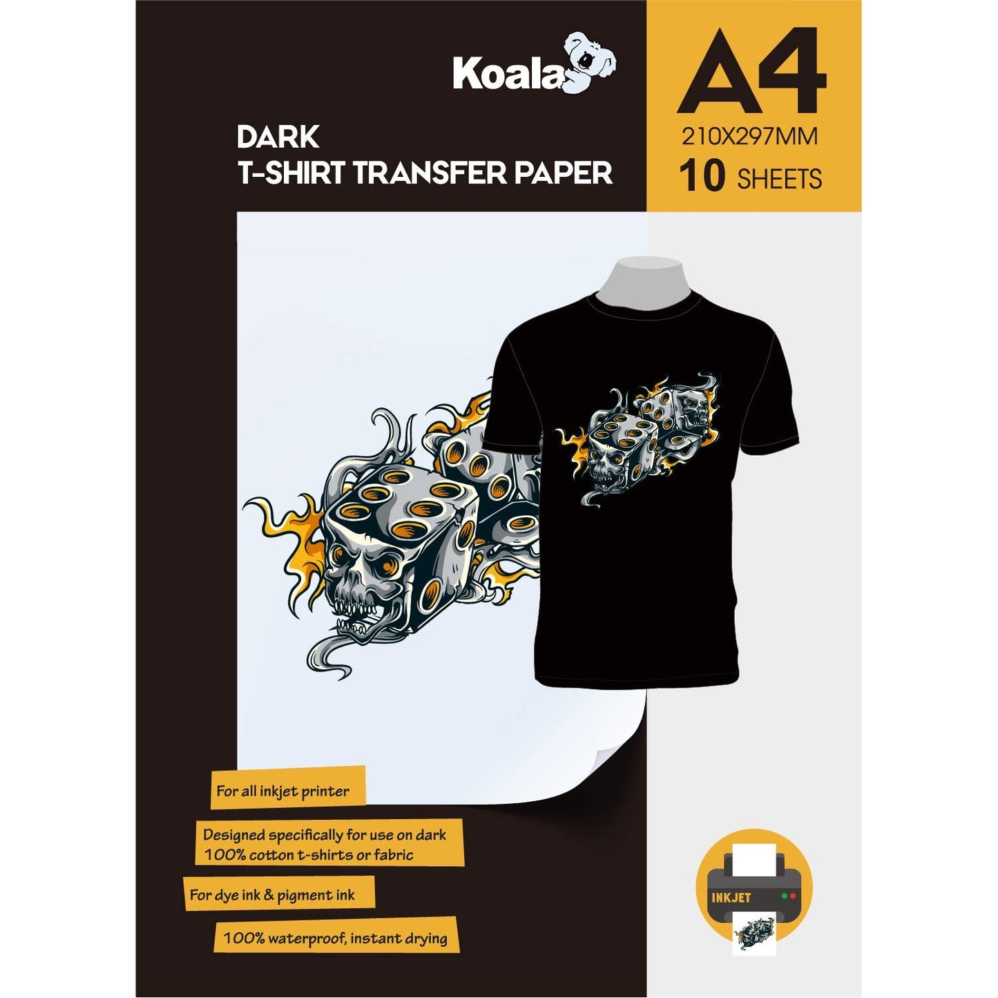 KOALA Premium Inkjet Iron On T Shirt Transfer Paper for Black and Dark Fabrics x 10 Sheets, A4. Vivid, Long-Lasting Images. Easy to Use A4, 10 Sheets