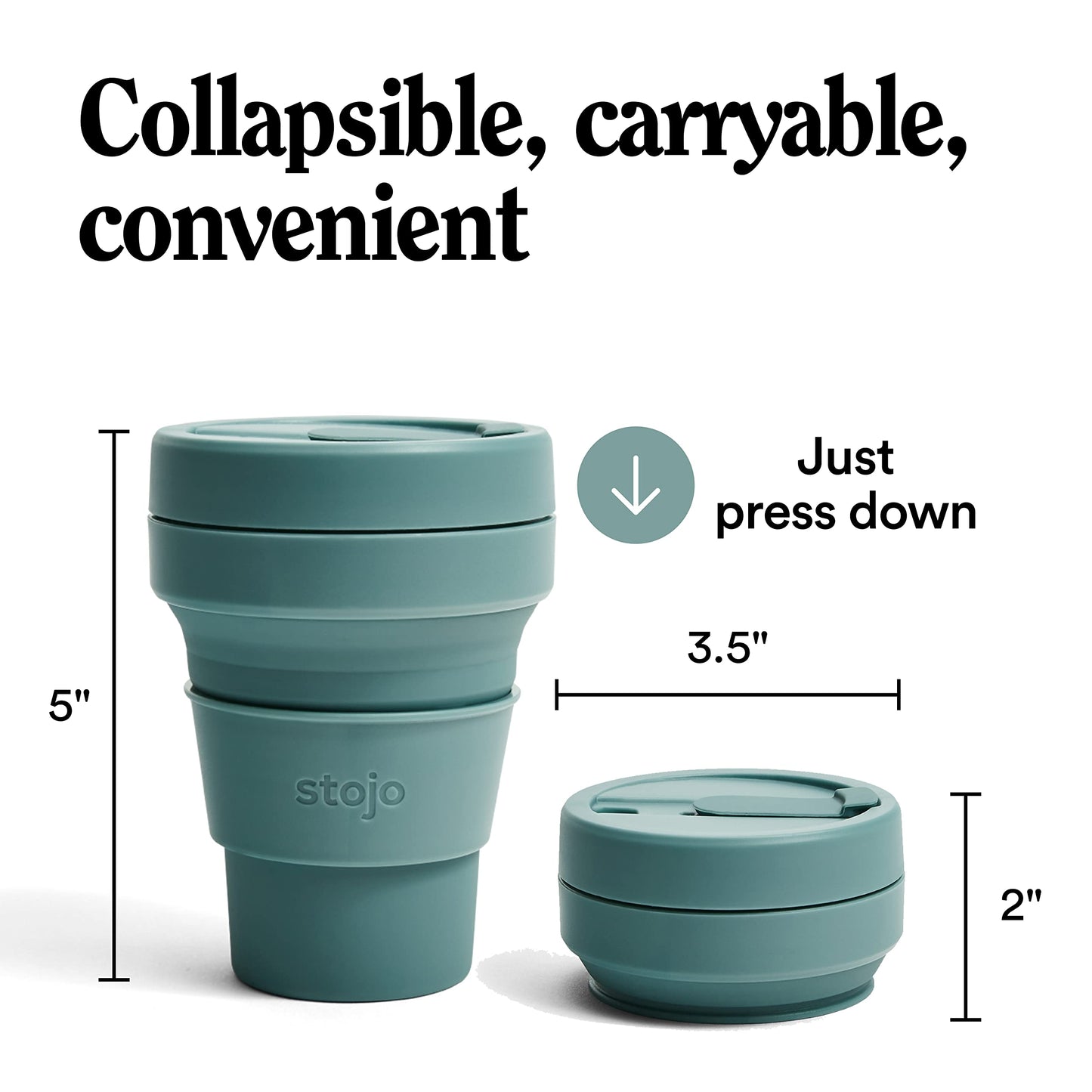 STOJO On-The-Go Collapsible Coffee Cup with Lid - 12oz / 355ml - Reusable & Foldable Silicone Travel Mug - Portable, Pocket Size - Dishwasher Safe - Eucalyptus