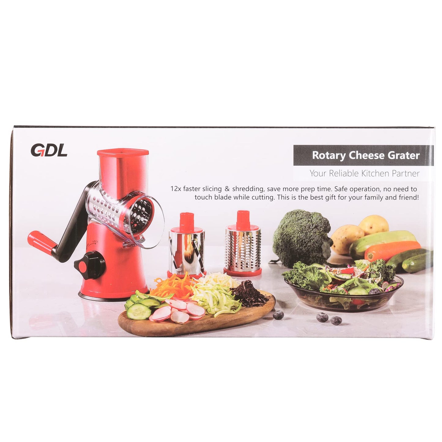 GDL Cheese Grater Rotary, Vegetable Slicer with 3 Interchangeable Drum Blades，Grater Kitchen Fast Cutting for Time Saving, Rotary Grater Suitable for Vegetable, Fruit, Nut, etc. Red