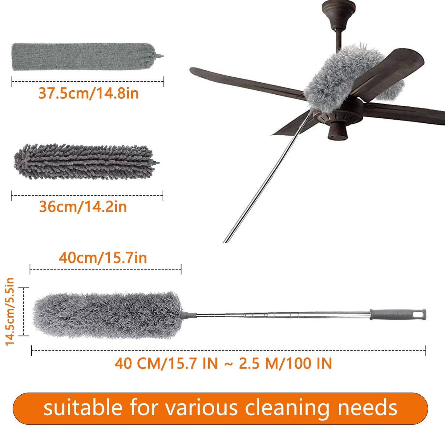 Feather duster 5PCS kit with 30-100 inch telescopic extension pole, detachable bendable and reusable gap hand crevice brush for cleaning dust cobwebs on high ceiling fans lights blinds cars furniture Grey