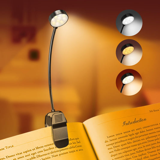 KTEBO Rechargeable Book Reading Light Lamp, LED Book Light for Reading in Bed - Eye Caring Adjustable Brightness 3 Color Temperatures 20+ Hours Runtime, Type-C Book Light Clip on (Black) Standard