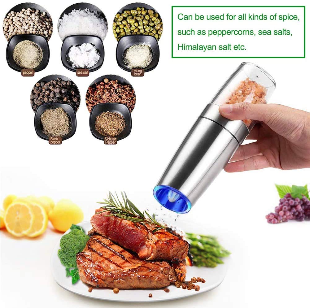 Gravity Electric Salt and Pepper Grinder Set,Battery Salt Pepper Grinder,Automatic Salt and Pepper Mills with Blue Light,Adjustable Coarseness,One Handed Operation,Cleaning Brush(Silver, 2pcs/Pack) Silver