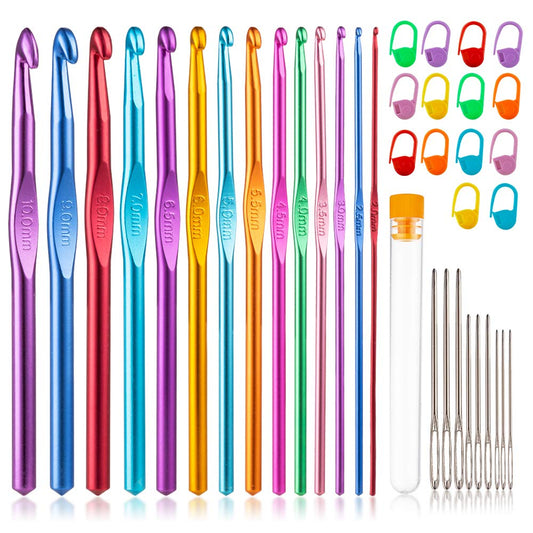 Tiiduo 37 PCS Crochet Hooks Set, High Quality Coloured Aluminum Ergonomic Handle Crochet, Hook Needles for Arthritic Hands, with Stitch Markers and Large-Eye Blunt Needles